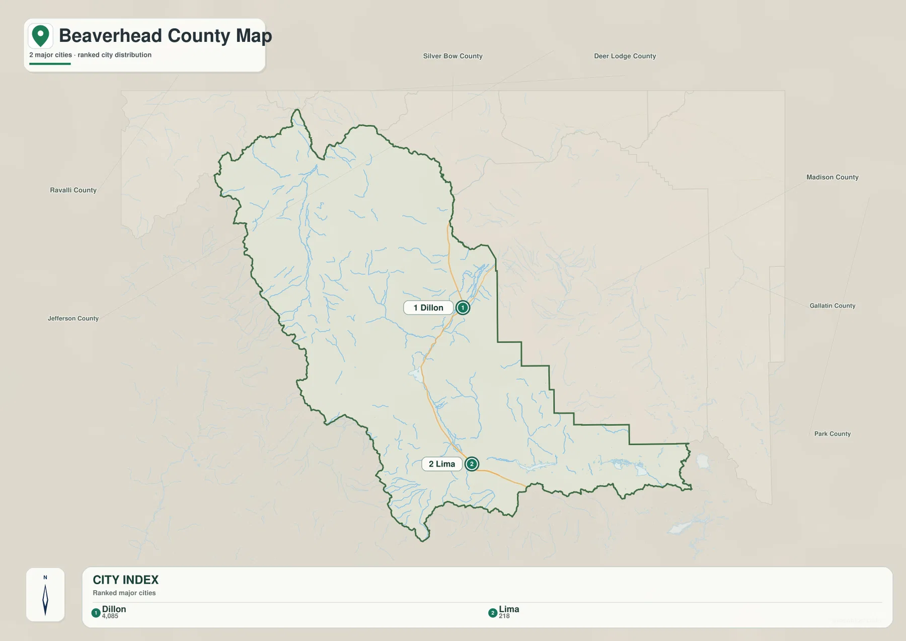 Beaverhead County city map highlighting Dillon and Lima and their positions within the county