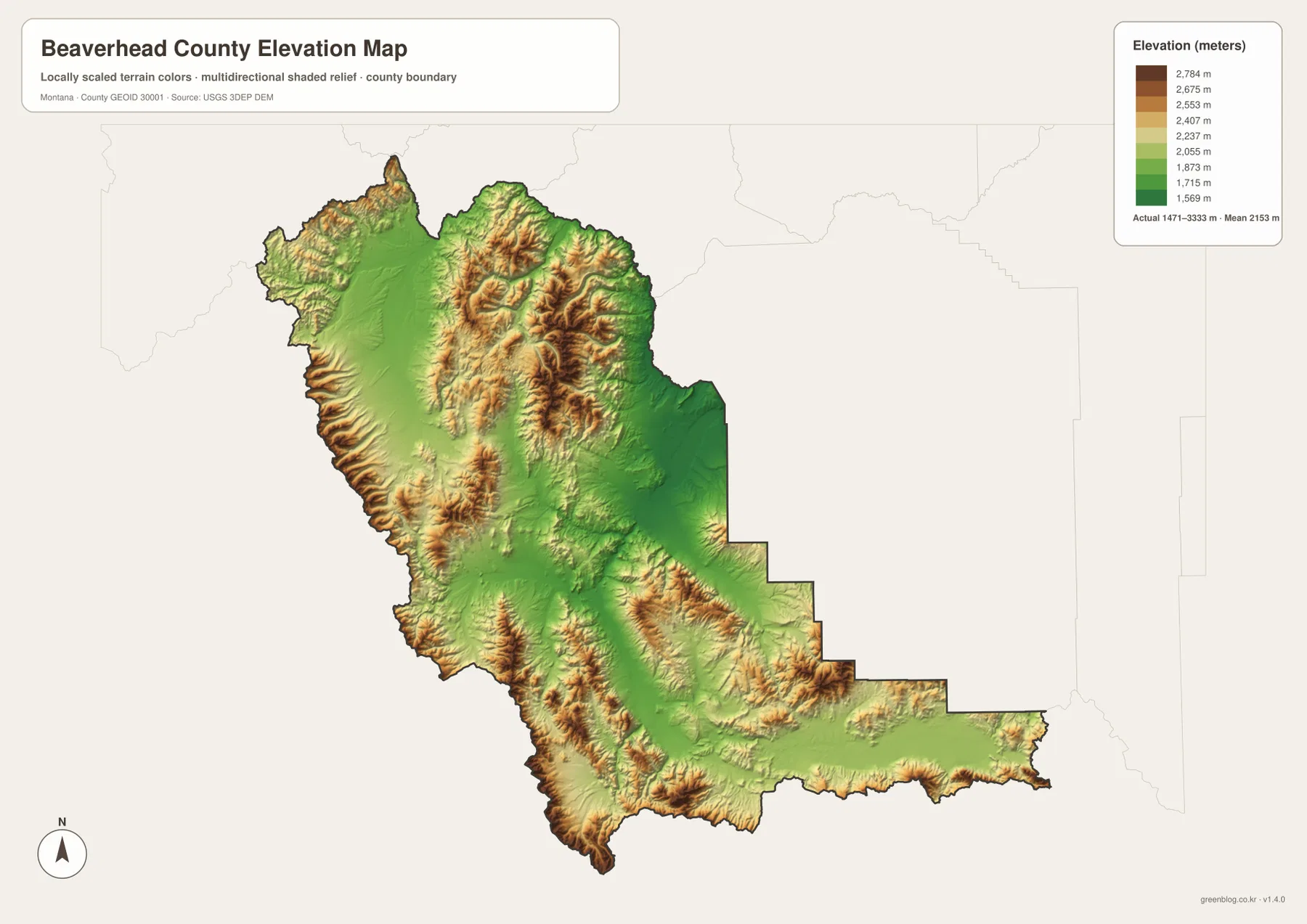 Beaverhead County elevation map showing an actual range of about 1471 to 3333 meters and a mean near 2153 meters