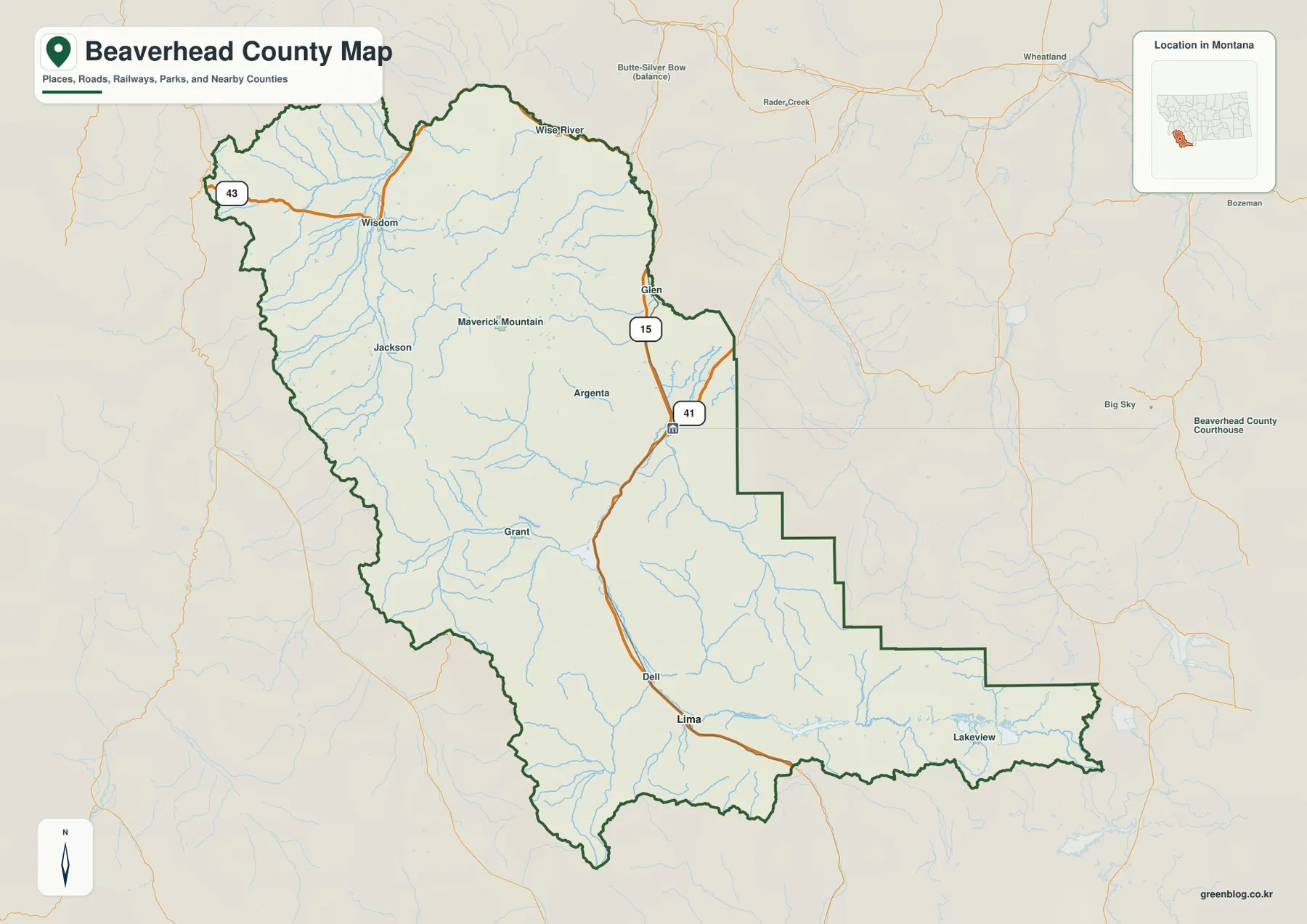 Beaverhead County Montana map showing Dillon, Lima, Wisdom, I-15, highways, settlements, and the county boundary