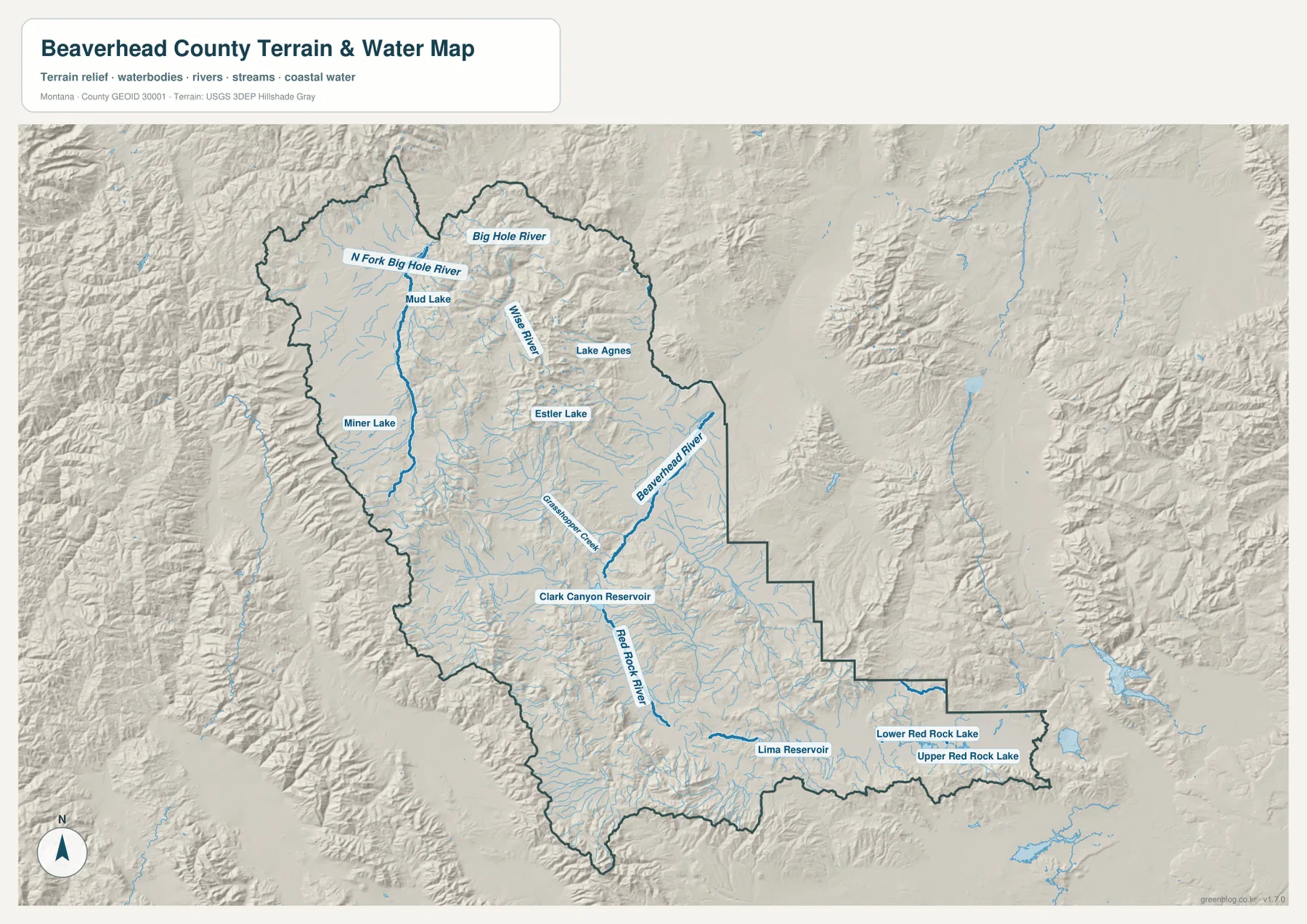 Beaverhead County terrain and water map with Big Hole River, Beaverhead River, Red Rock River, Clark Canyon Reservoir, and mountain lakes