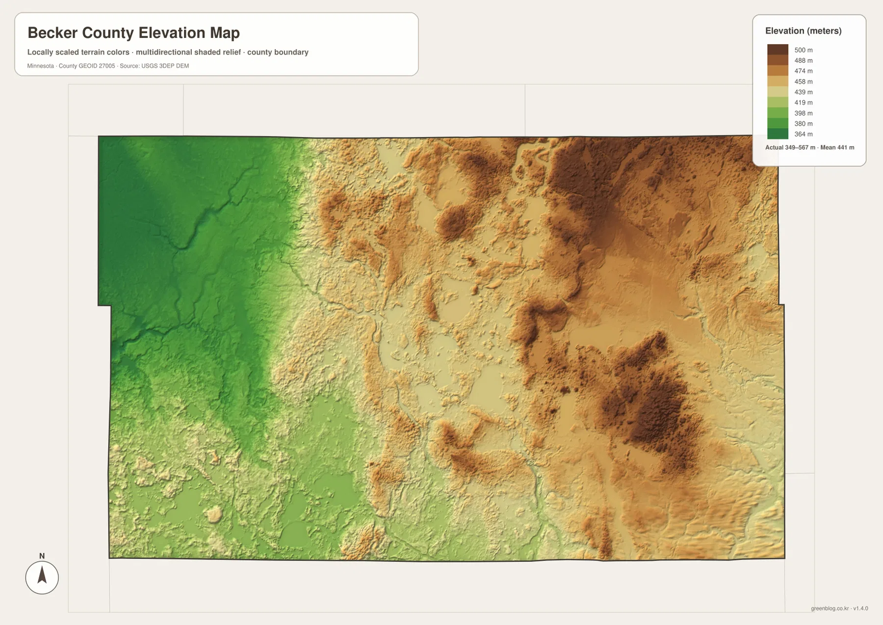 Becker County elevation map showing the 349–567 meter range, lower western terrain, and high northeastern and southeastern uplands