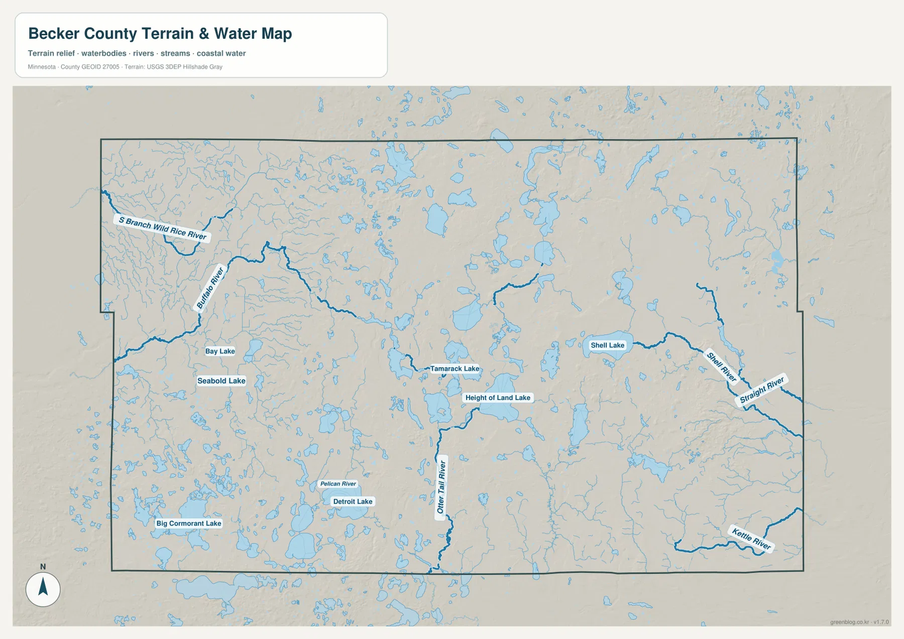 Becker County water map showing South Branch Wild Rice River, Buffalo River, Detroit Lake, Big Cormorant Lake, Otter Tail River, Shell River, and other waters