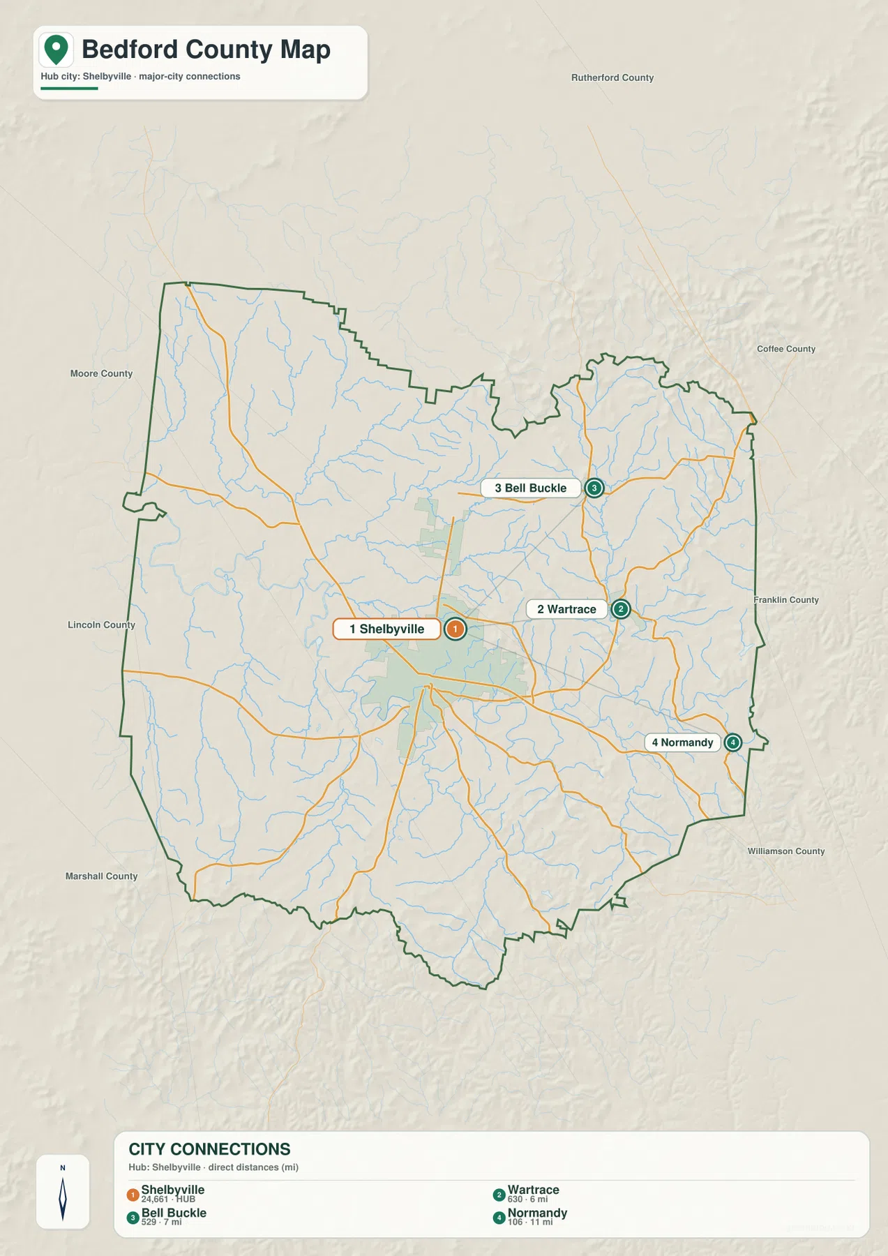 Bedford County city-connections map with Shelbyville, Bell Buckle, Wartrace, and Normandy