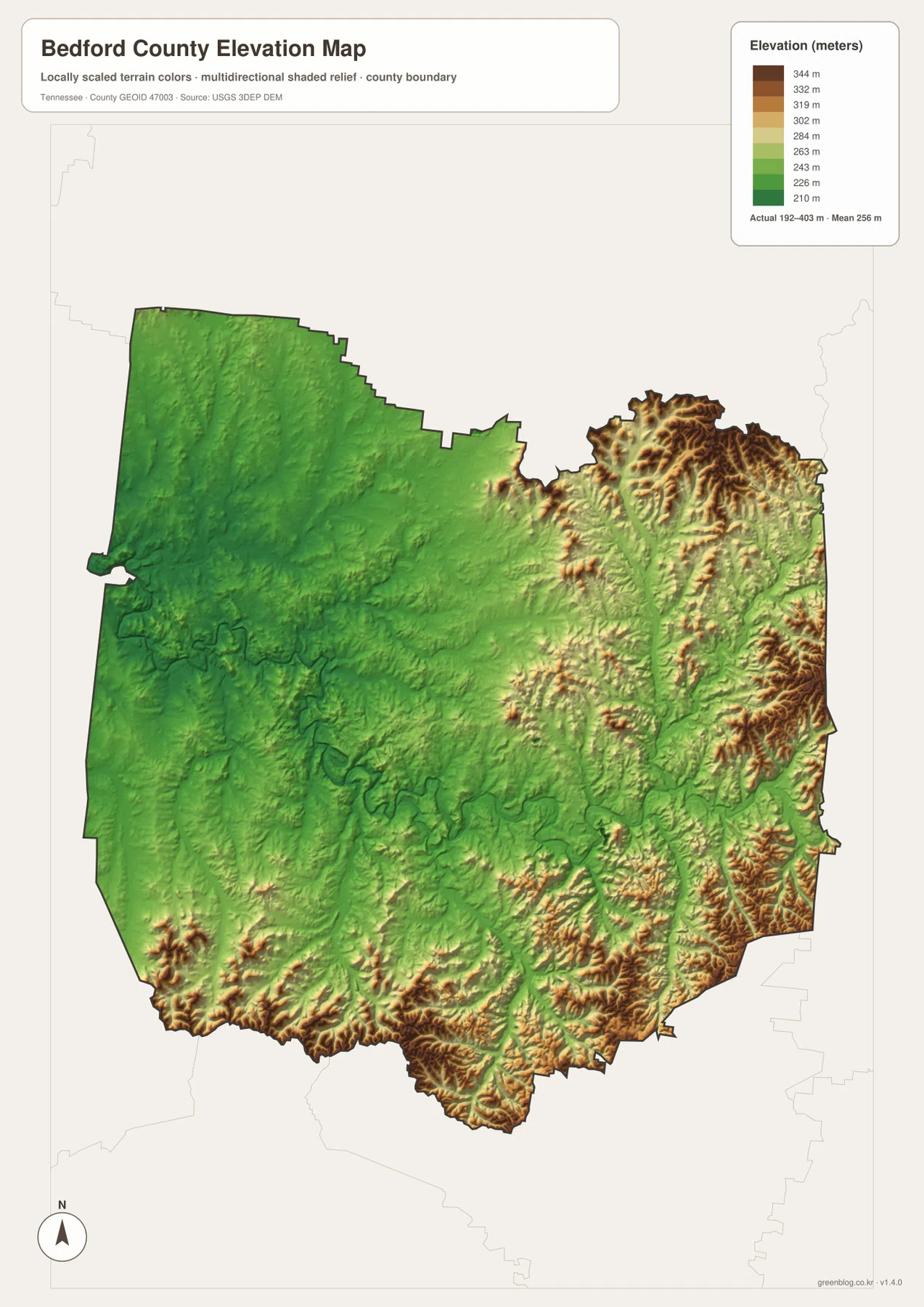 Bedford County Tennessee elevation map showing lower western and central terrain and higher ridges toward the east and south