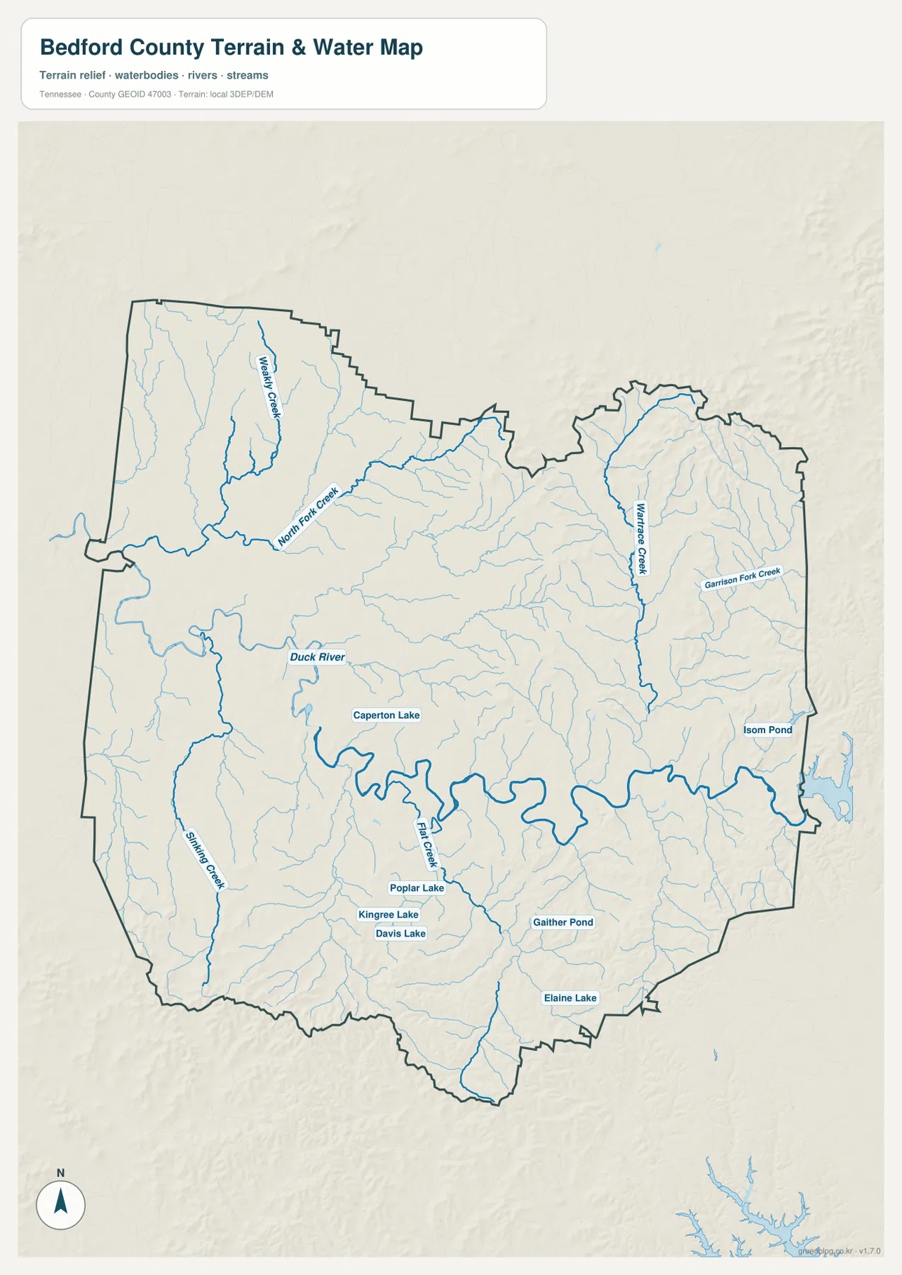 Bedford County terrain and water map showing Duck River, named creeks, lakes, and ponds