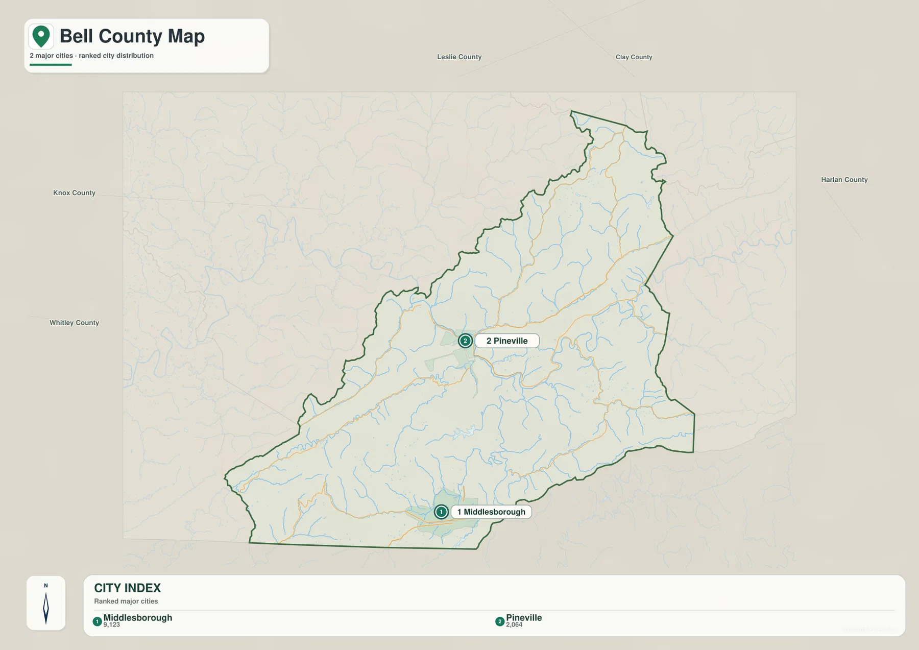 Bell County Kentucky city map showing Middlesborough and Pineville