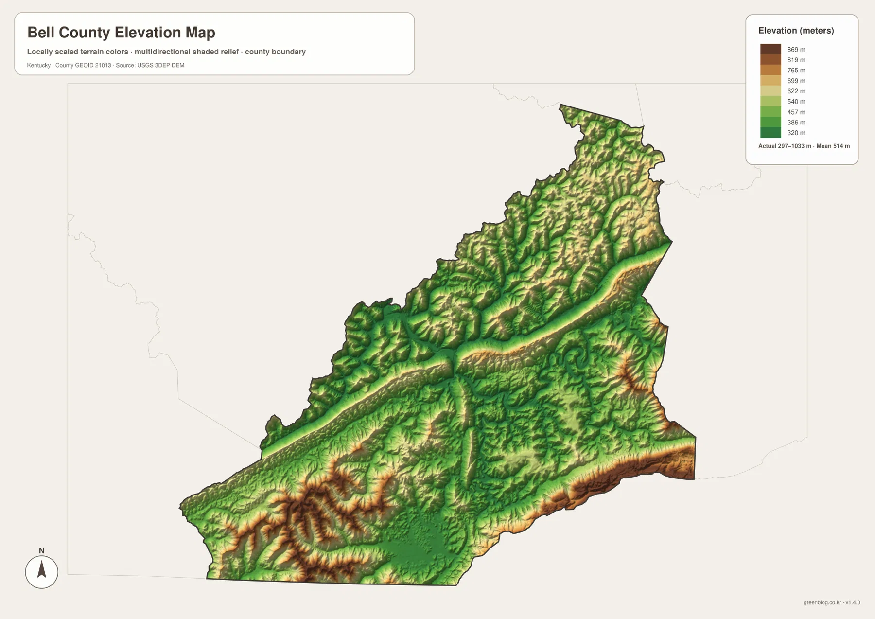 Bell County Kentucky elevation map showing 297 to 1,033 meter relief, Pine Mountain ridges and Cumberland River valleys