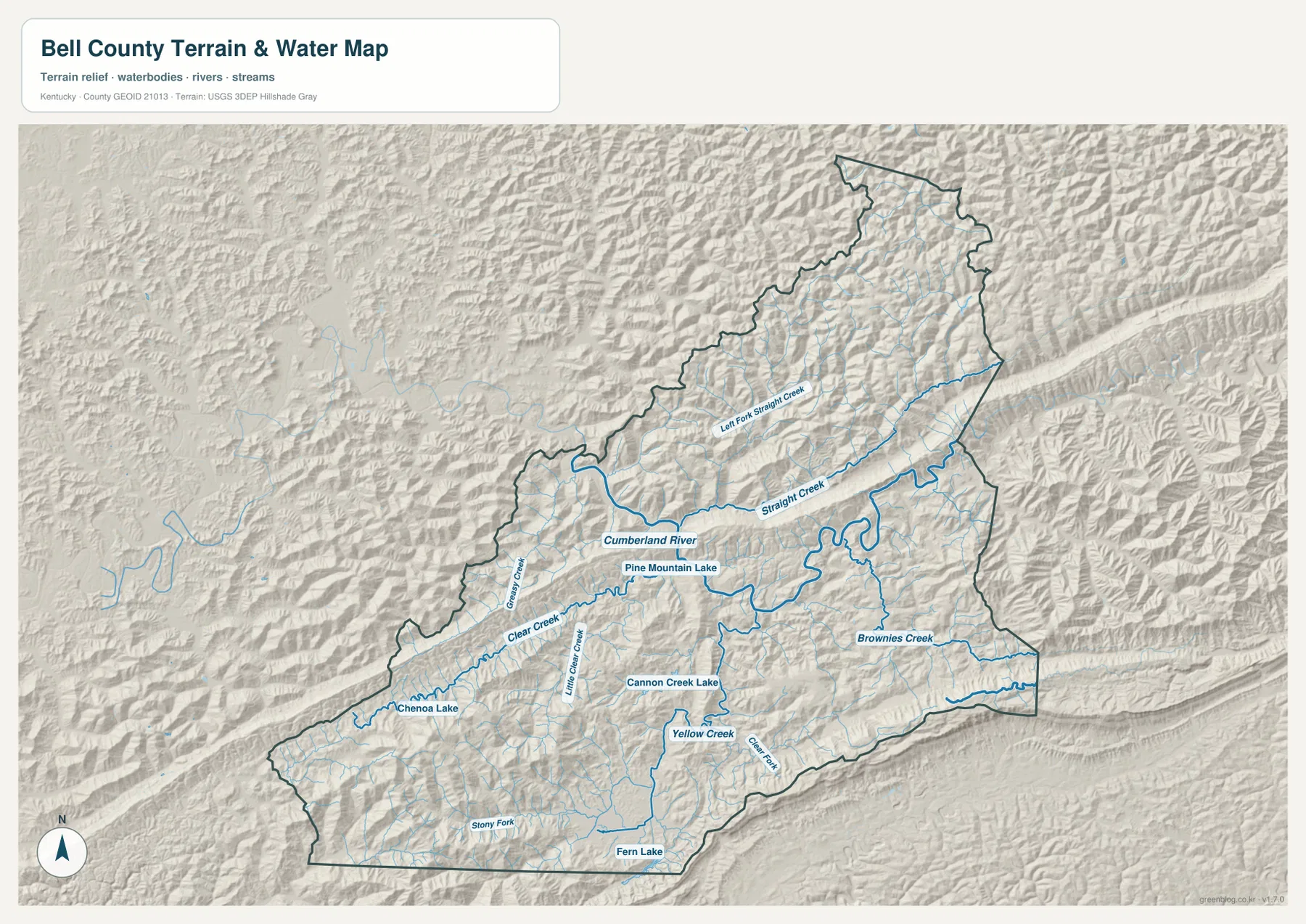Bell County Kentucky terrain and water map showing Cumberland River, Straight Creek, Clear Creek, Yellow Creek and Brownies Creek