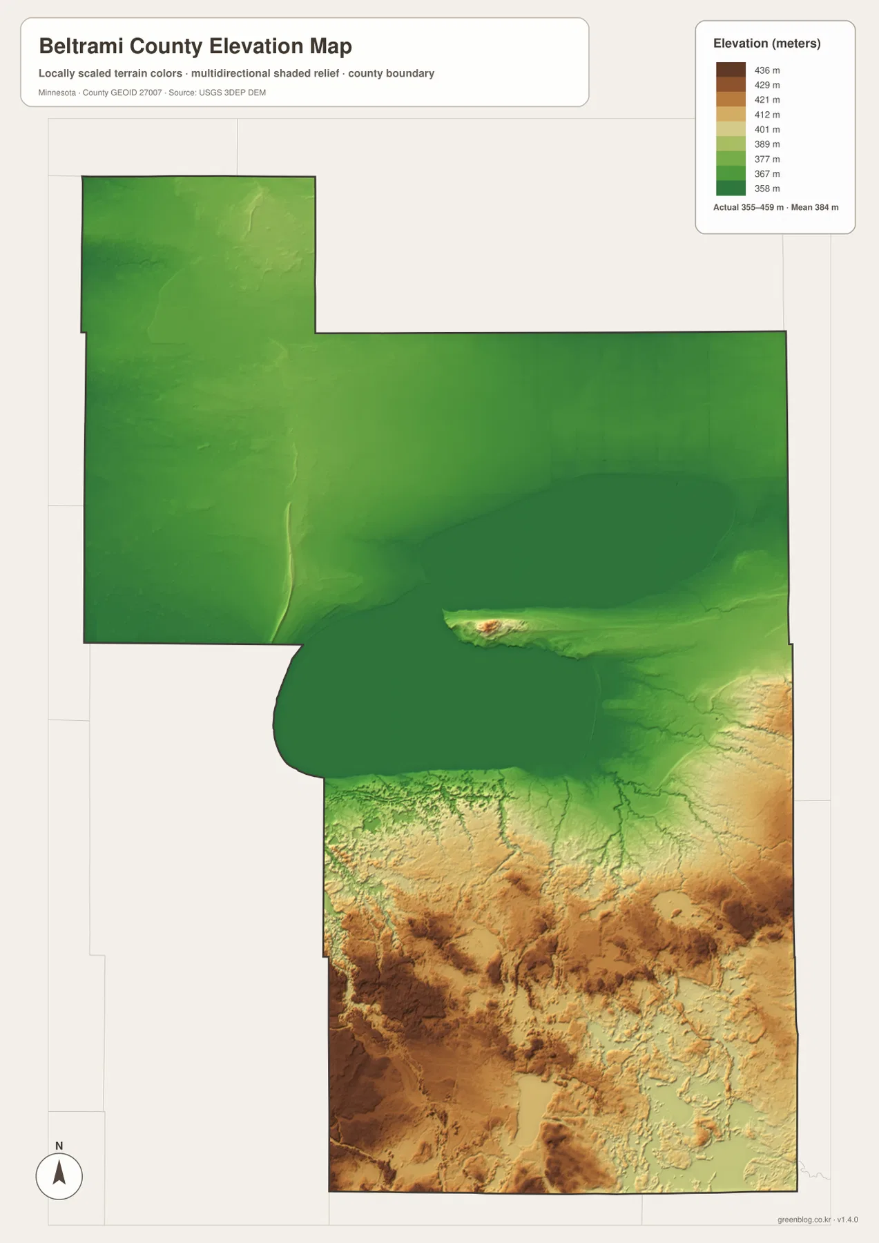 Beltrami County elevation map showing the 355–459 meter range, low Red Lake country, and higher southern uplands around Bemidji