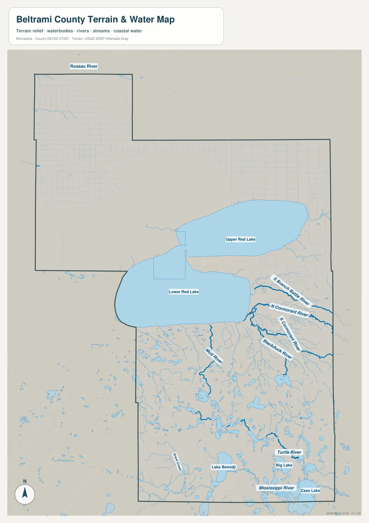 Beltrami County water map showing Upper Red Lake, Lower Red Lake, Mississippi River, Blackduck River, Turtle River, Lake Bemidji, and Cass Lake