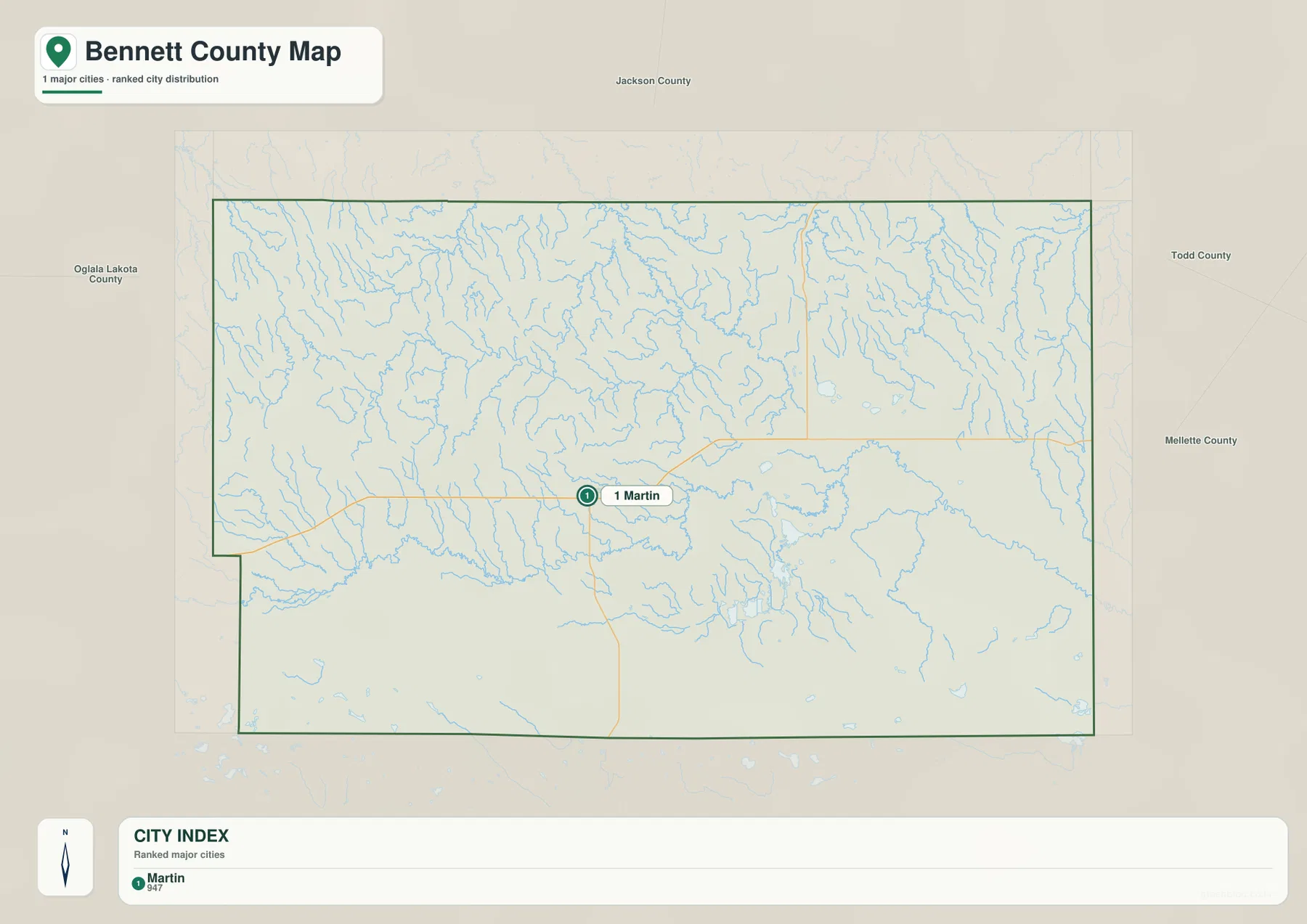 Bennett County city map with Martin ranked first and neighboring county names around the outline
