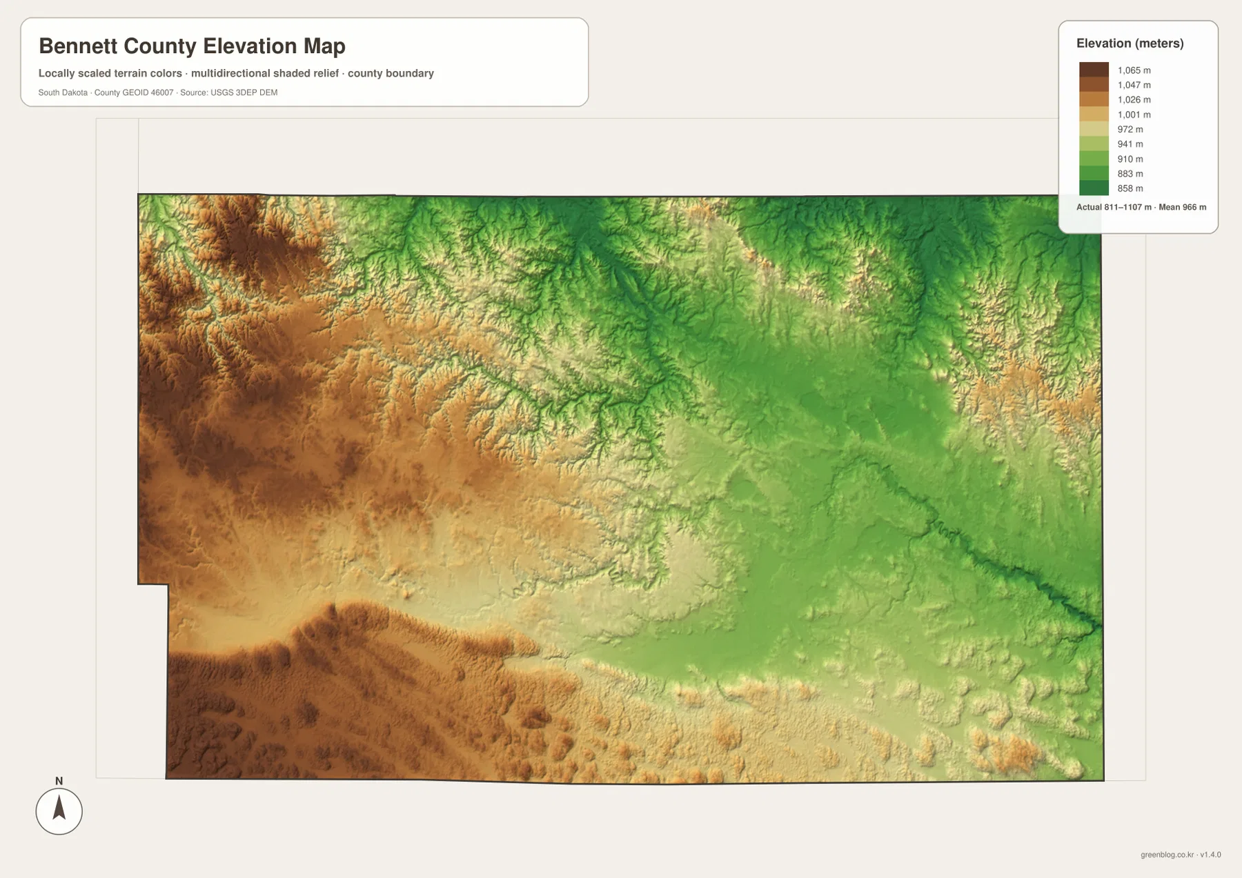 Bennett County elevation map showing an 811–1107 meter range, mean elevation of 966 meters, and higher western terrain