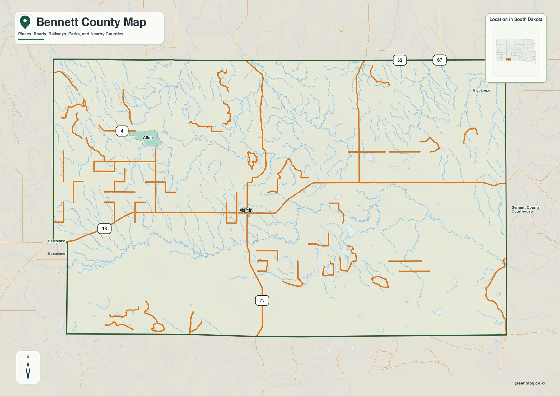 Bennett County, South Dakota map showing Martin, Allen, US 18, SD 4, SD 73, streams, and the county boundary