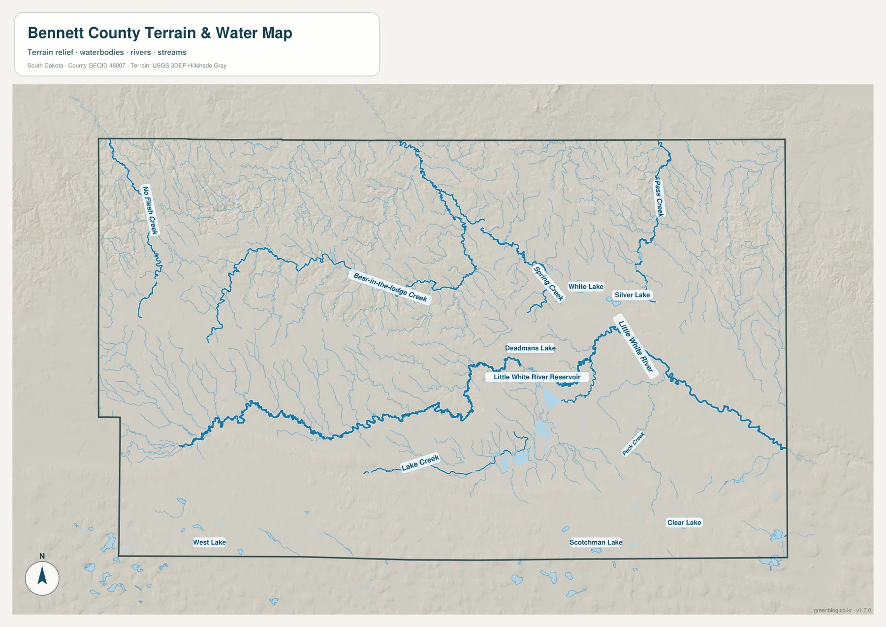 Bennett County terrain and water map showing Little White River, the reservoir, Bear-in-the-Lodge Creek, Spring Creek, Pass Creek, and named lakes