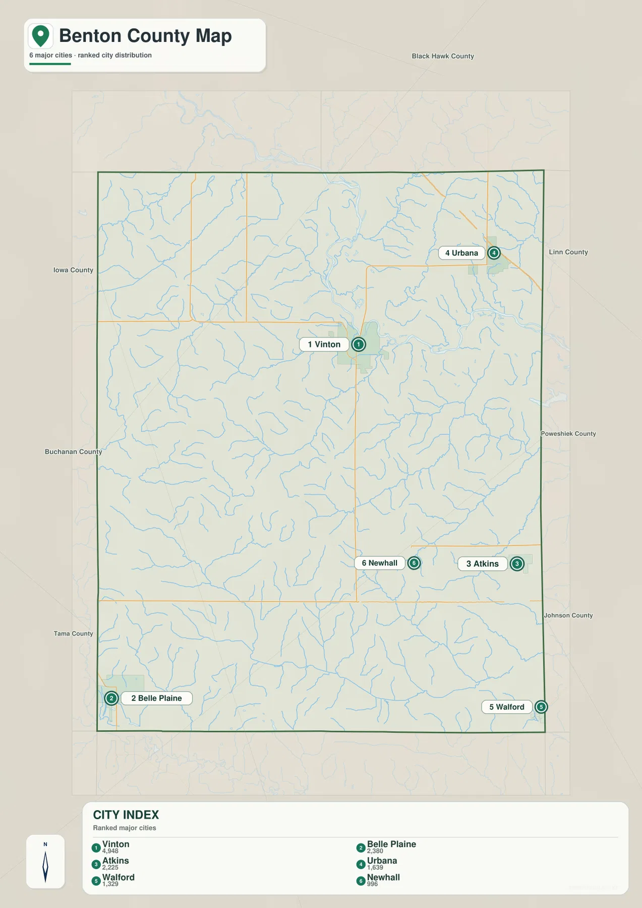 Benton County city map highlighting Vinton, Belle Plaine, Atkins, Urbana, Walford, and Newhall