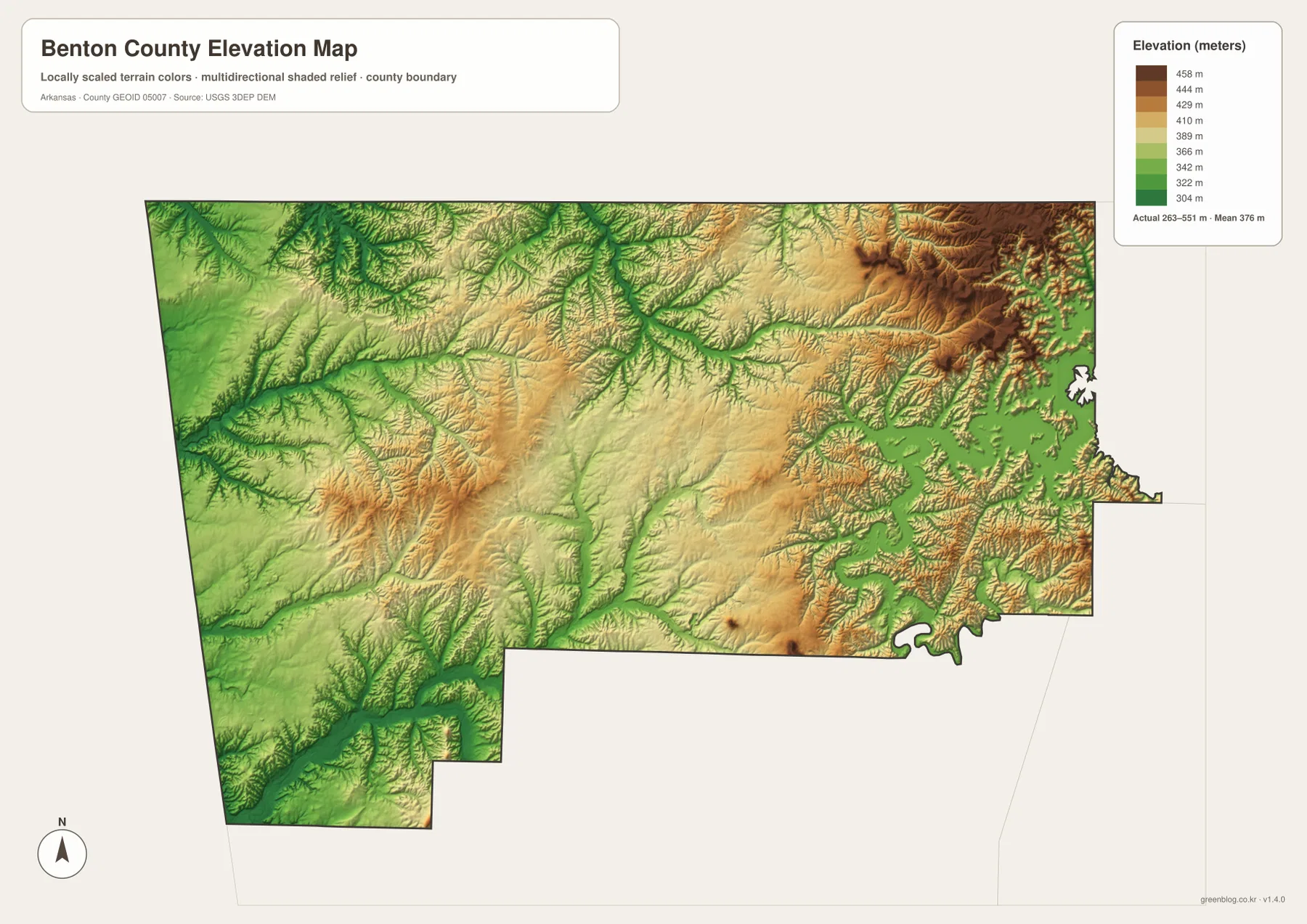 Benton County elevation map showing an actual range of about 263 to 551 meters, lower western valleys, and higher eastern ridges