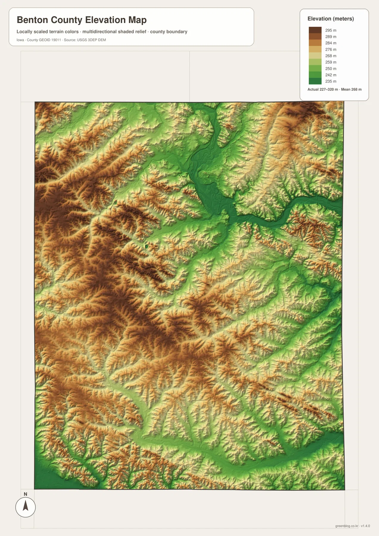 Benton County elevation map showing roughly 227 to 320 meters with Cedar River lowlands and higher western ridges
