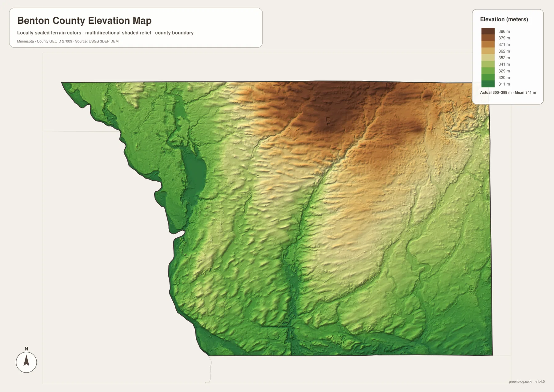Benton County elevation map showing the 300–399 meter range, low Mississippi River corridor, high north-central terrain, and central stream valleys