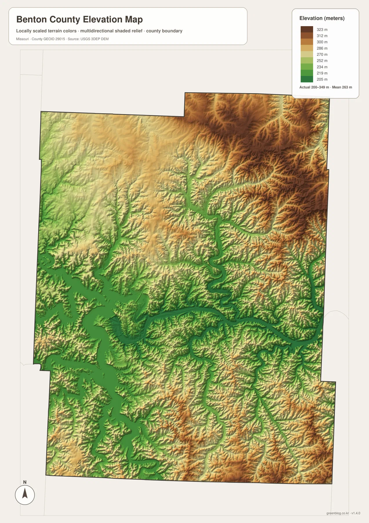 Benton County의 약 200~349m 고도 범위, 동북부 높은 능선과 Truman Reservoir·Osage River 주변 저지를 보여 주는 고도 지도