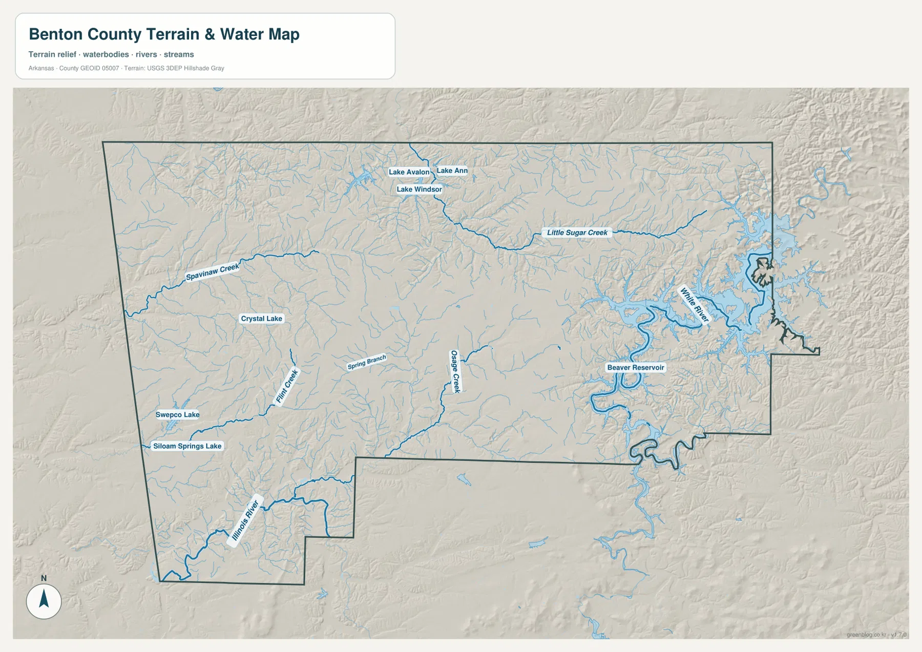Benton County water map showing Beaver Reservoir, White River, Little Sugar Creek, Illinois River, Spavinaw Creek, and lakes