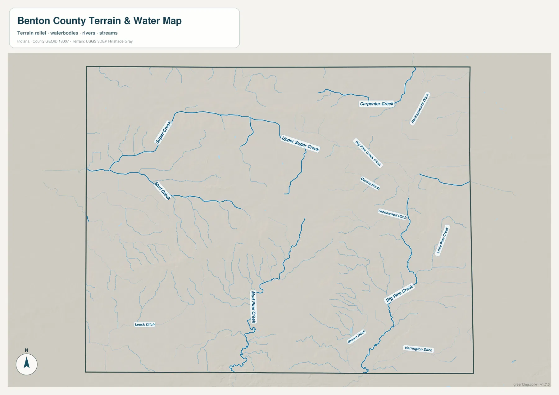 Benton County Indiana water map with Sugar Creek, Upper Sugar Creek, Carpenter Creek, Big Pine Creek and Little Pine Creek