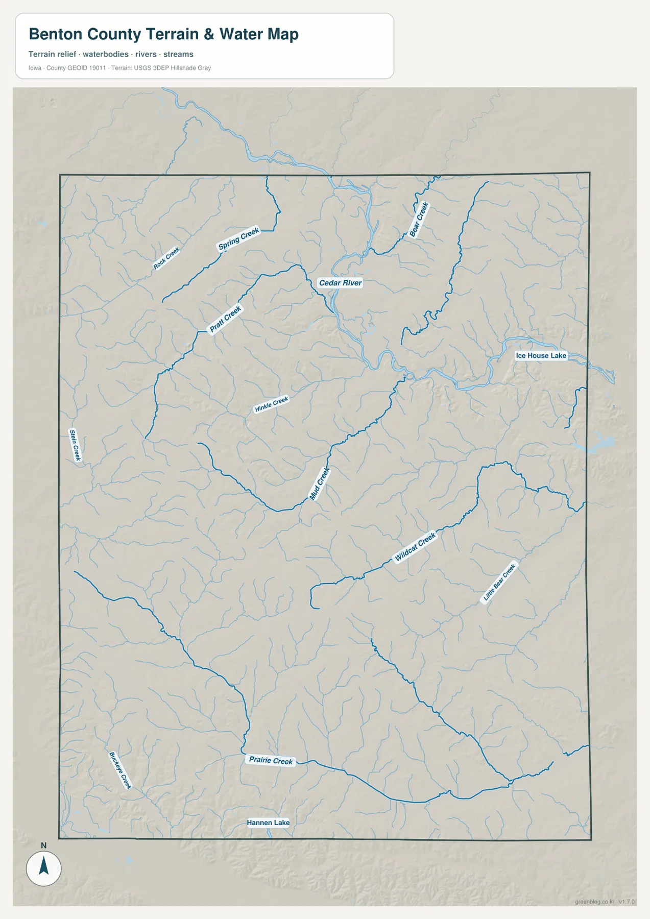 Benton County terrain and water map showing Cedar River, Bear Creek, Prairie Creek, Wildcat Creek, and other tributaries