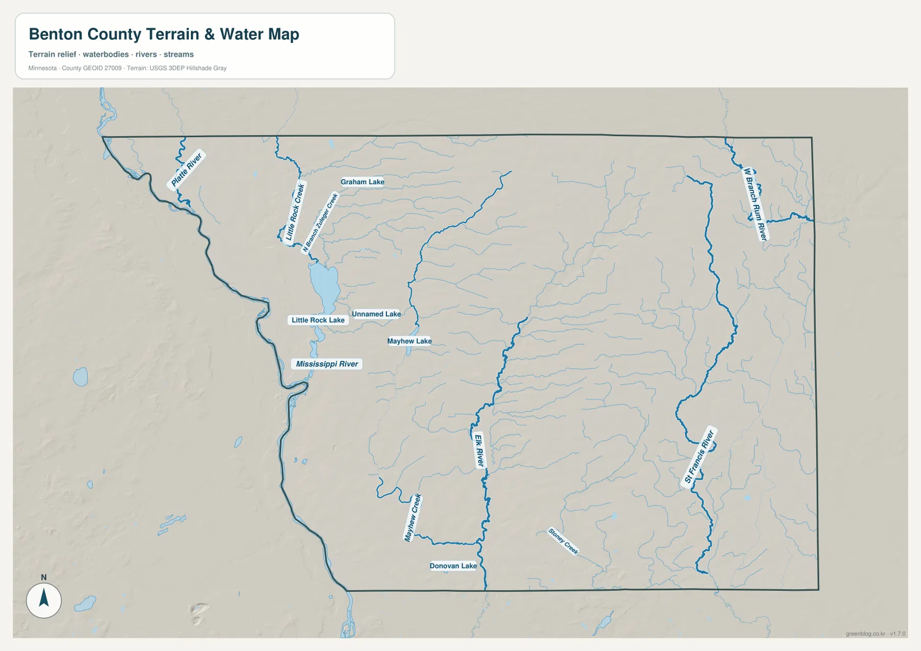 Benton County water map showing the Mississippi River, Little Rock Lake, Graham Lake, Elk River, St. Francis River, West Branch Rum River, and smaller waterways