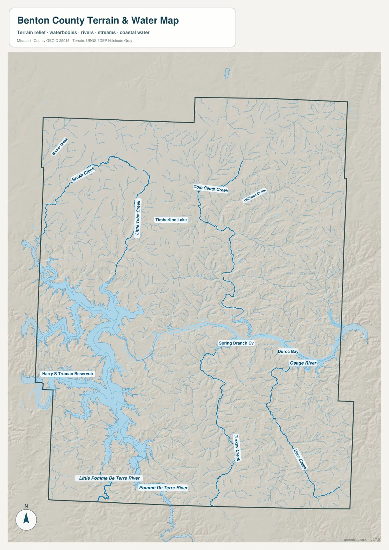 Benton County의 Harry S Truman Reservoir, Osage River, Cole Camp Creek, Turkey Creek, Pomme de Terre River 등을 표시한 수역 지도