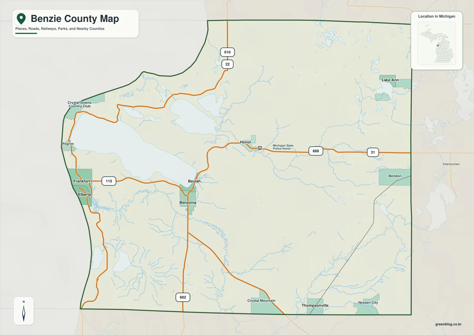 Frankfort, Elberta, Beulah, Benzonia, Honor, Lake Ann, Thompsonville과 M-22, M-115, US-31이 표시된 Benzie County Michigan 지도