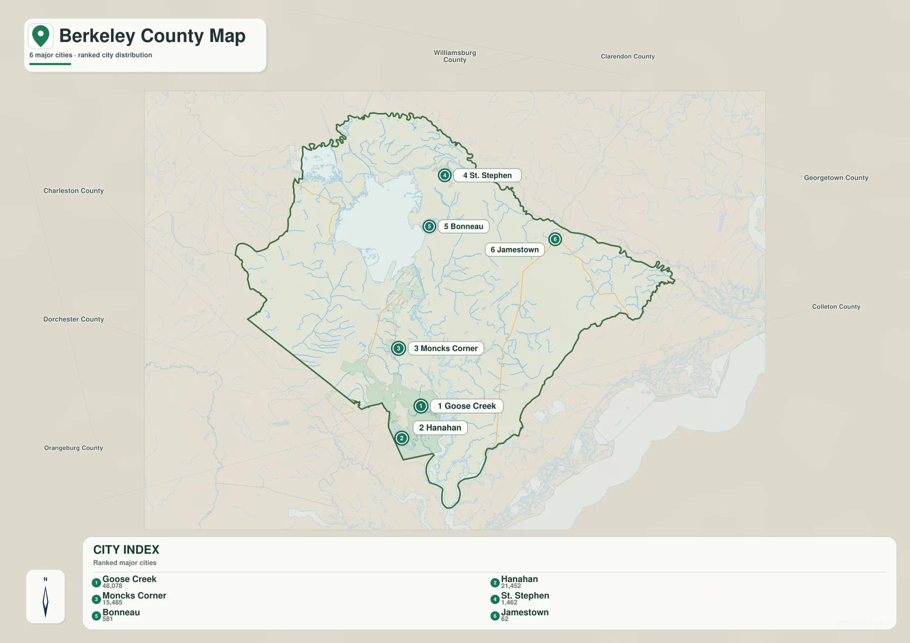 Berkeley County city distribution map ranking Goose Creek, Hanahan, Moncks Corner, St. Stephen, Bonneau, and Jamestown