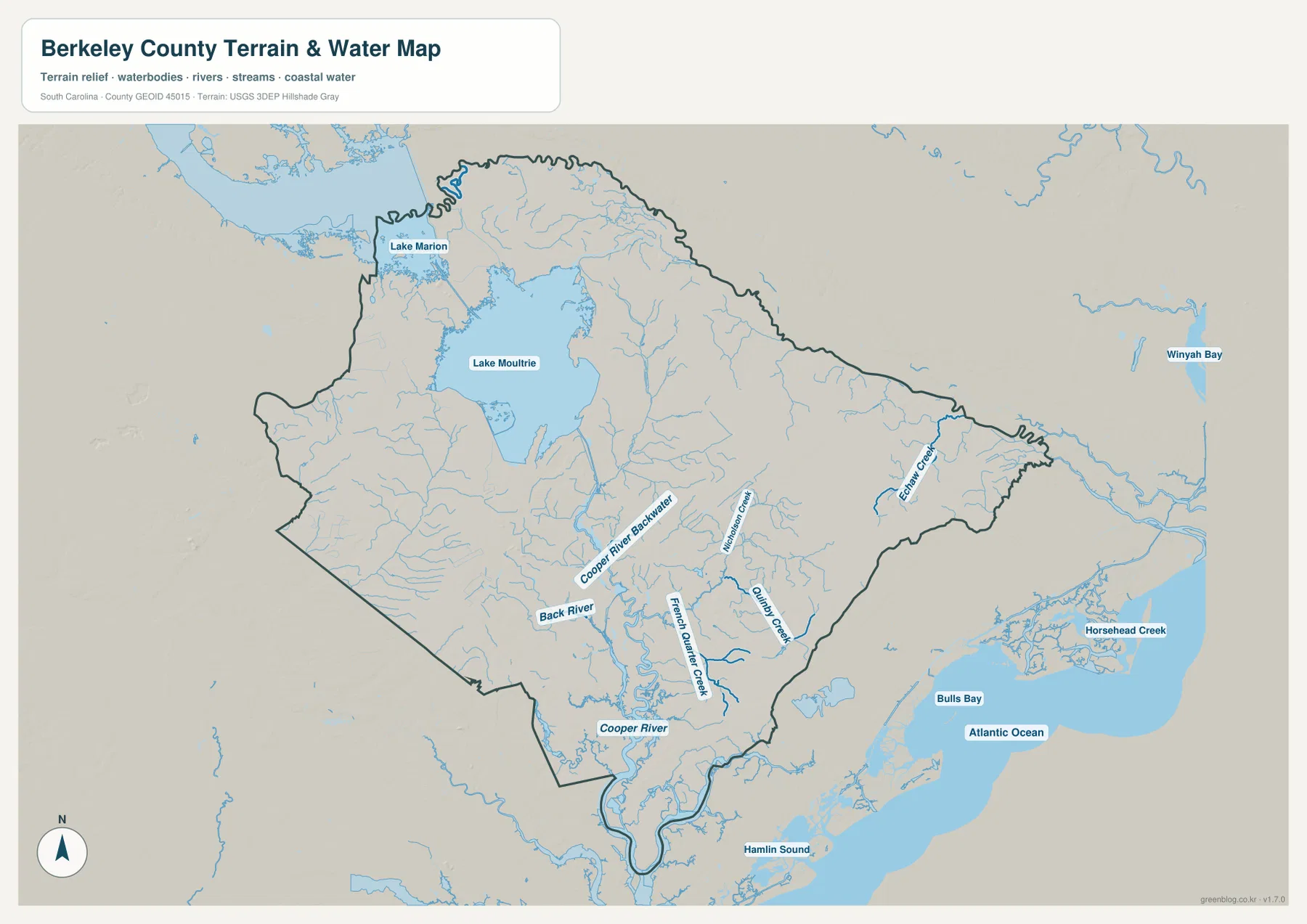Berkeley County terrain and water map showing Lake Moultrie, Cooper River, Back River, French Quarter Creek, Quinby Creek, and Echaw Creek