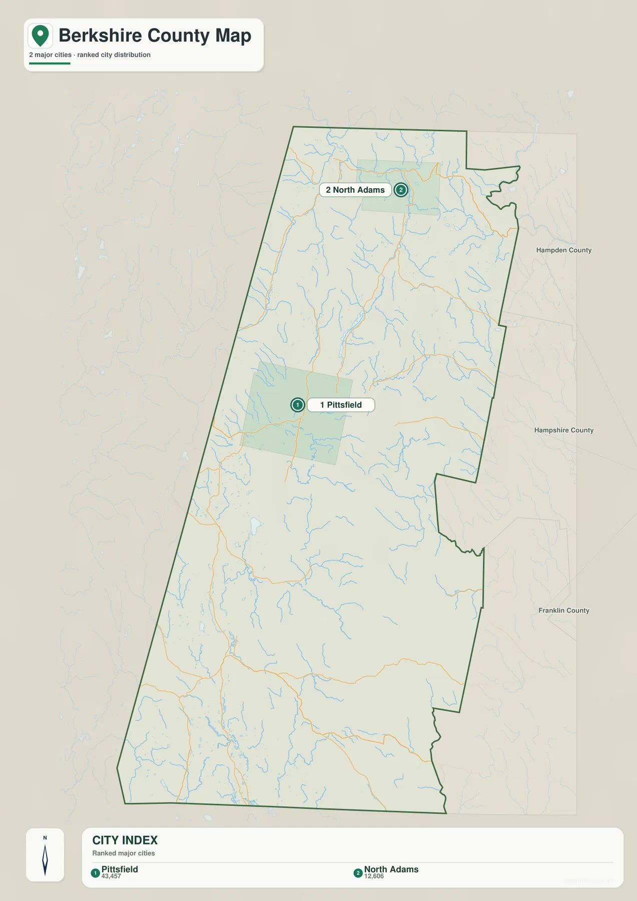 Pittsfield를 1순위, North Adams를 2순위로 표시한 Berkshire County 주요 도시 분포 지도