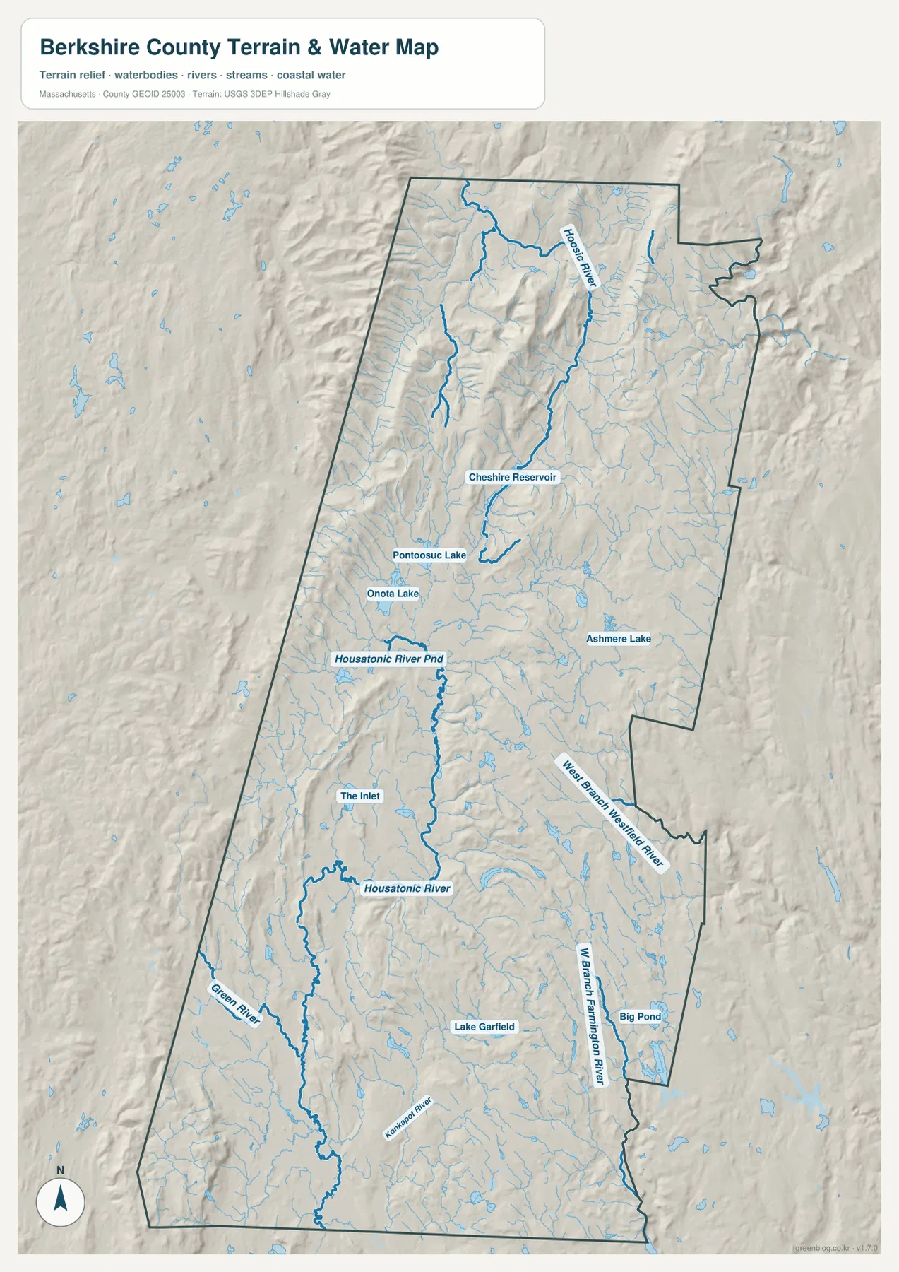 Housatonic River, Hoosic River, Cheshire Reservoir, Pontoosuc Lake, Onota Lake와 산지 음영이 표시된 Berkshire County 지형 수역 지도