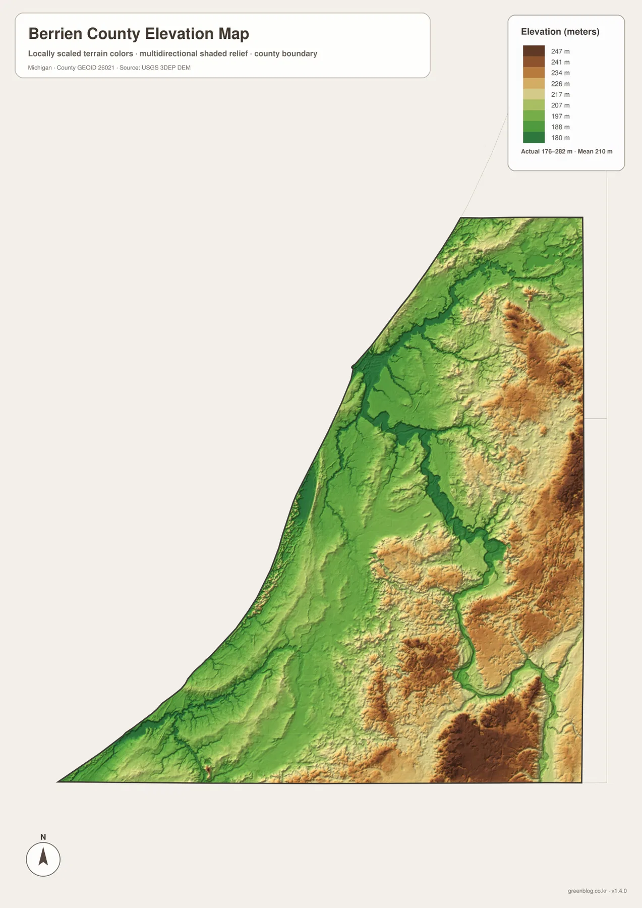 Lake Michigan 해안 저지와 St. Joseph River 계곡, 동부와 남동부의 높은 구릉을 보여 주는 Berrien County Michigan 고도 지도