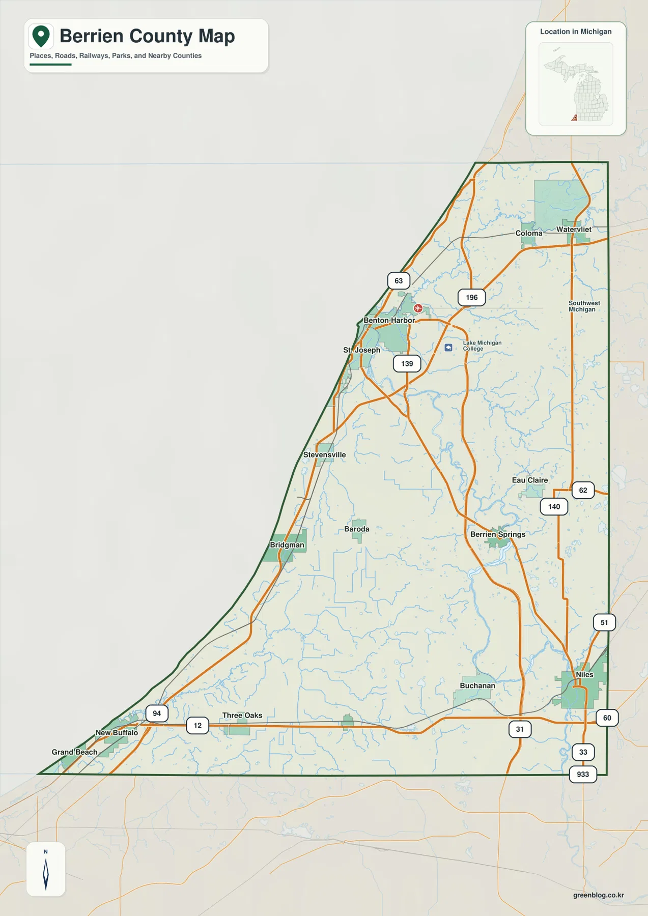 St. Joseph, Benton Harbor, Niles, Buchanan, Watervliet, Bridgman과 I-94, I-196, US-31, US-12가 표시된 Berrien County Michigan 지도