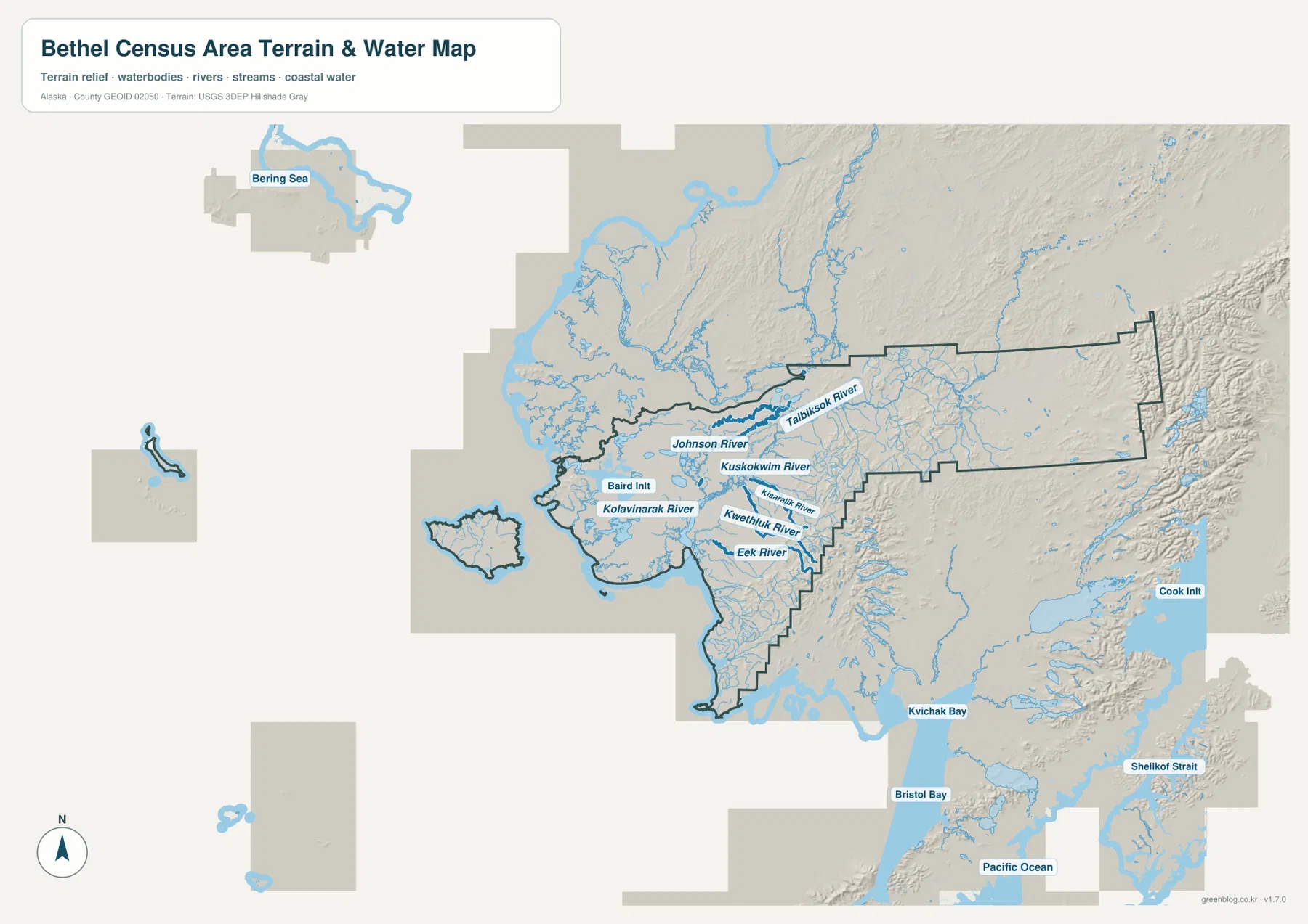 Bethel Census Area terrain and water map