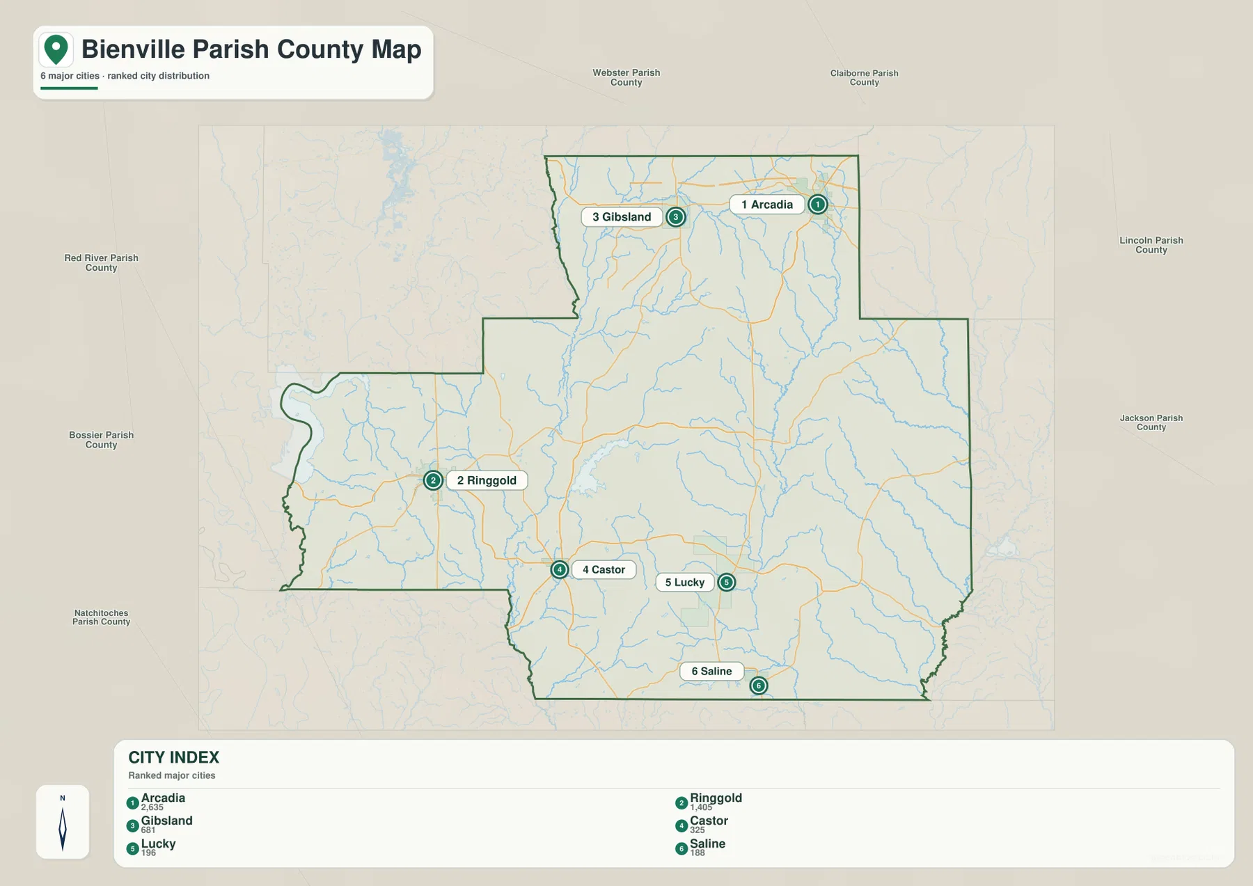 Bienville Parish city distribution map showing Arcadia, Ringgold, Gibsland, Castor, Lucky, and Saline