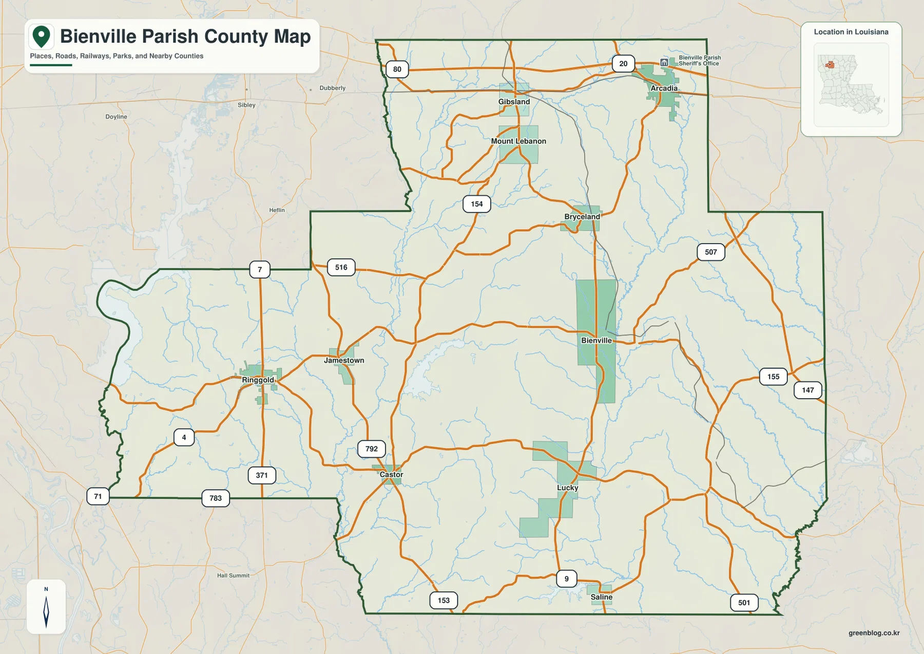Bienville Parish road map showing Arcadia, Gibsland, Ringgold, Castor, Bienville, Lucky, Saline, I-20, US 80, LA 9, LA 154, LA 371, LA 4, LA 7, LA 147, LA 155, LA 153, LA 507, LA 516, LA 783, and LA 792
