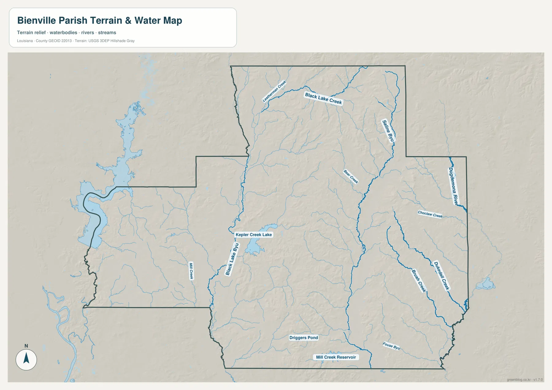 Bienville Parish terrain and water map showing Saline Bayou, Black Lake Creek, Bear Creek, Dugdemona River, Choctaw Creek, Brush Creek, Black Lake Bayou, Kepler Creek Lake, Mill Creek, Driggers Pond, and Mill Creek Reservoir