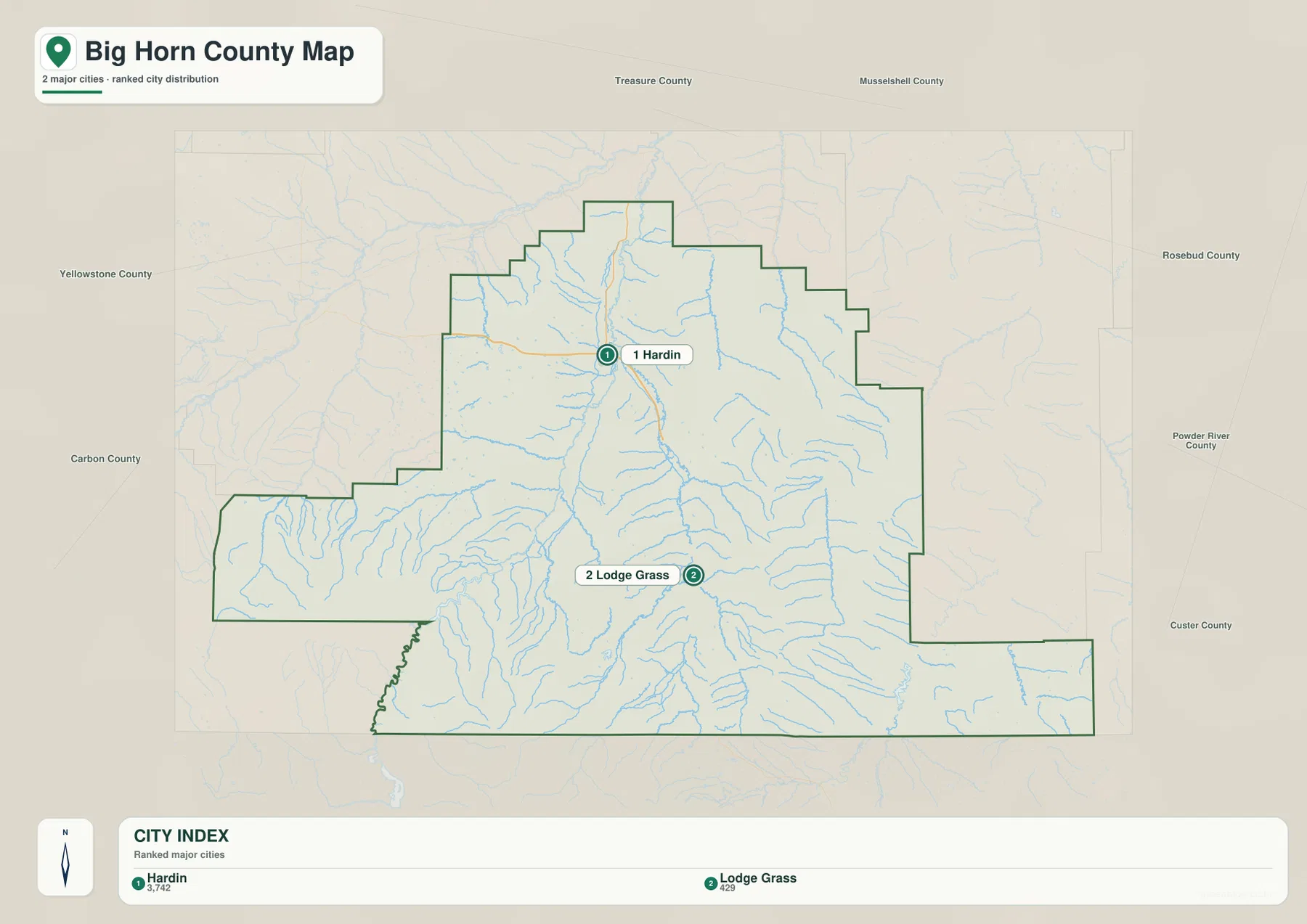 Big Horn County city map highlighting Hardin and Lodge Grass with ranked city markers