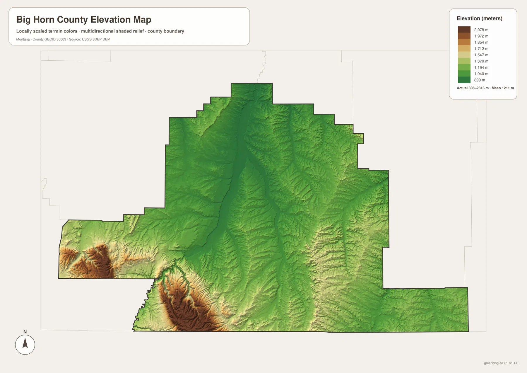 Big Horn County elevation map showing an actual range of 836 to 2816 meters and mean elevation of 1211 meters