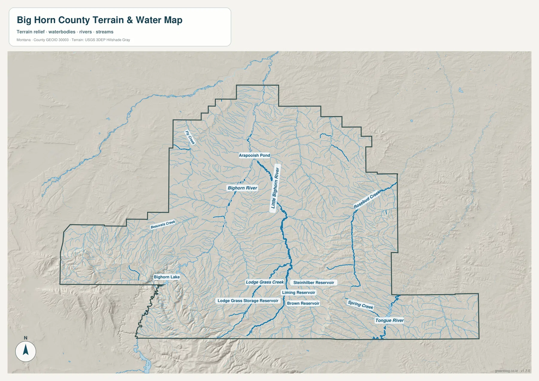Big Horn County terrain and water map showing the Bighorn River, Little Bighorn River, Bighorn Lake, Rosebud Creek, and reservoirs