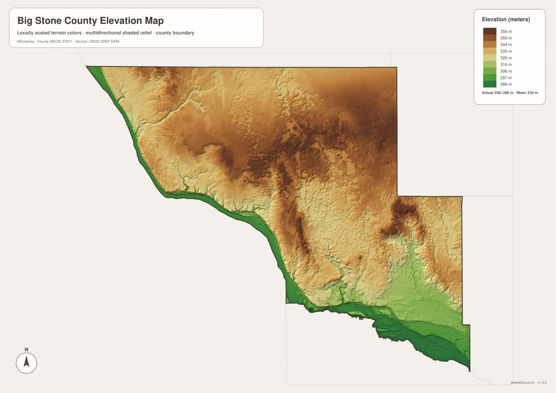 Big Stone County elevation map showing the 250–366 meter range, low Big Stone Lake and Minnesota River valleys, and high north-central and eastern terrain