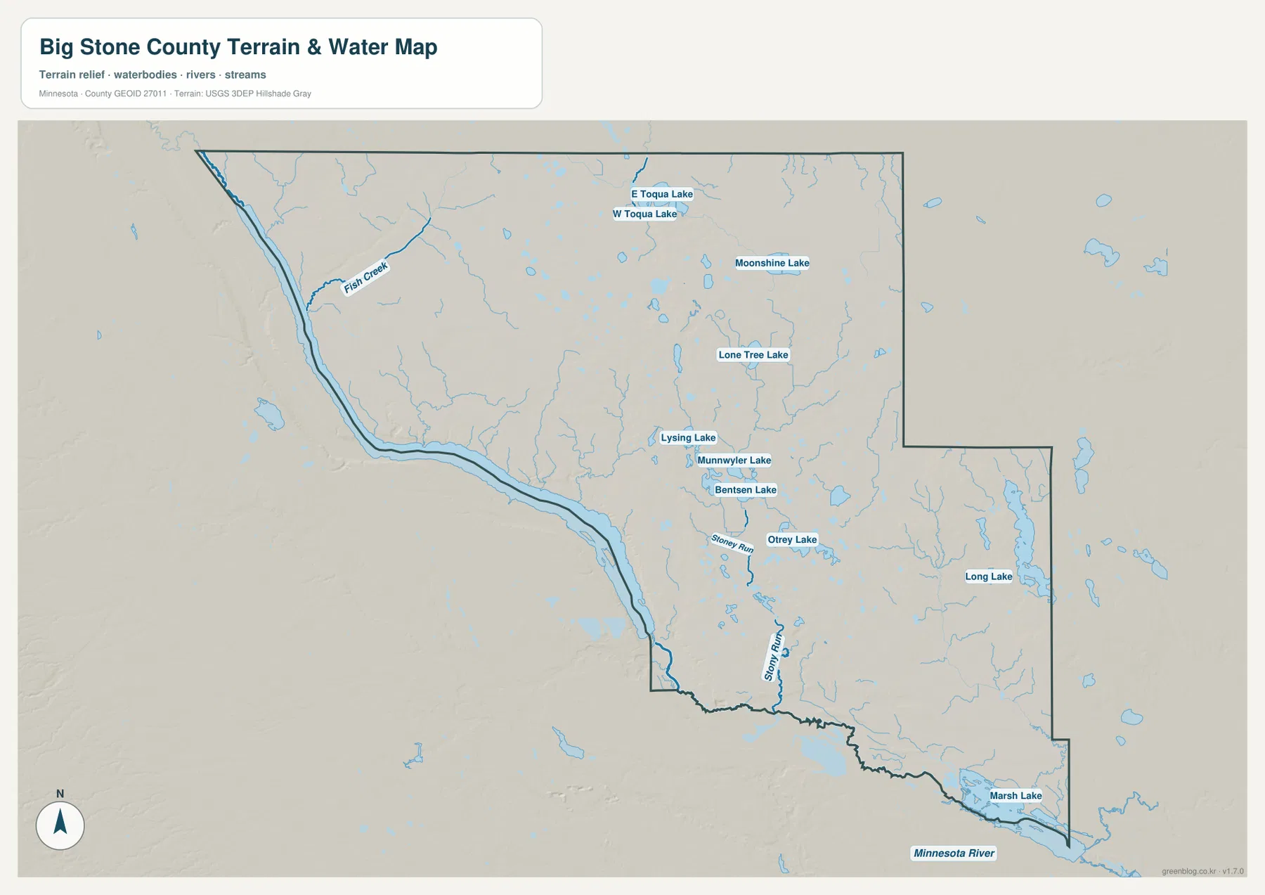 Big Stone County water map showing Big Stone Lake, Minnesota River, Marsh Lake, Fish Creek, Toqua Lakes, Lone Tree Lake, and other waters