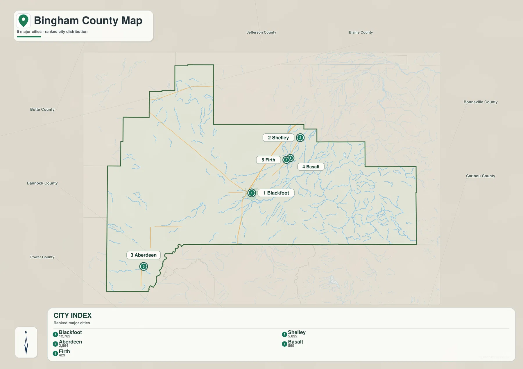 Bingham County city map showing Blackfoot, Shelley, Aberdeen, Basalt and Firth