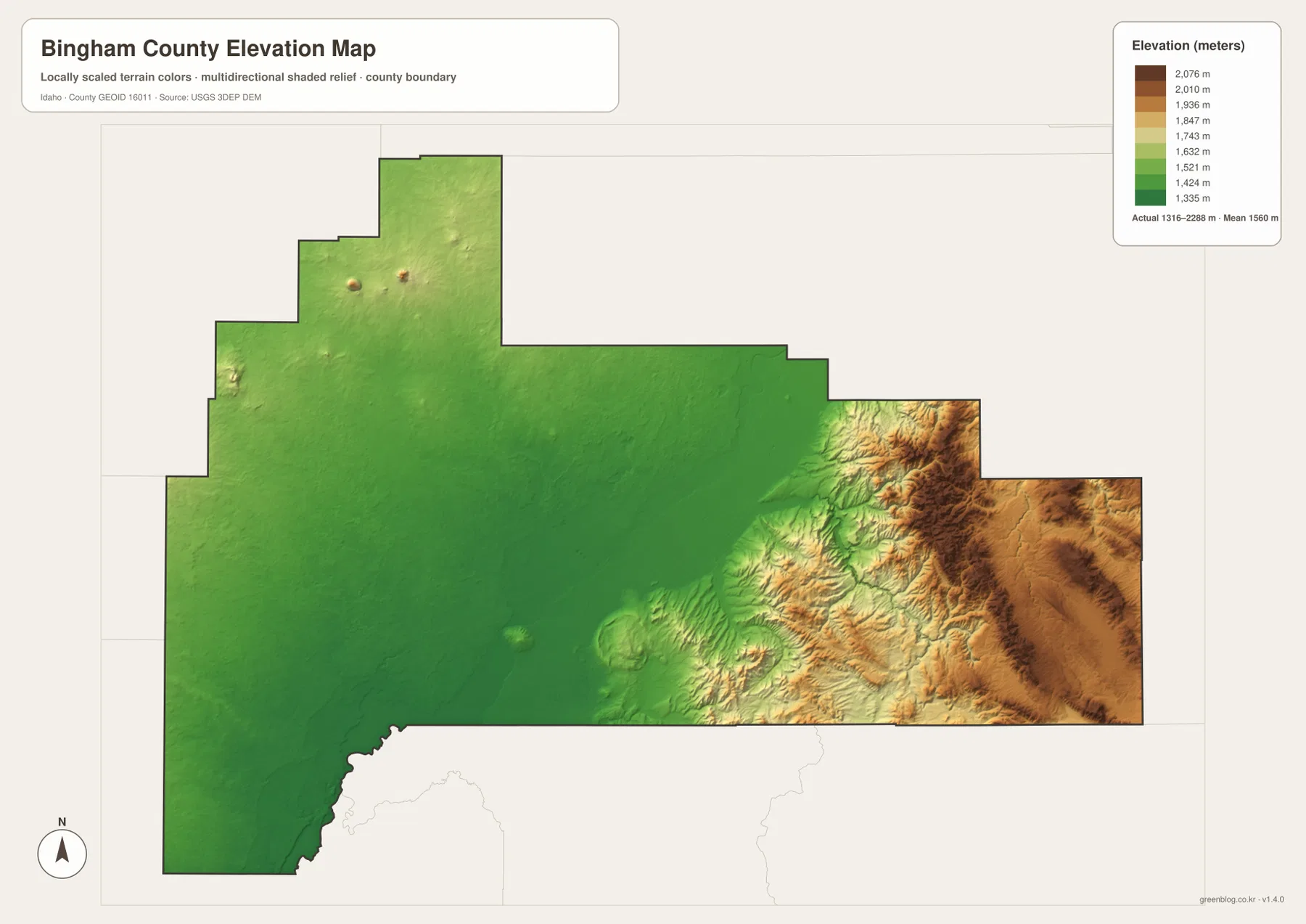 Bingham County elevation map showing lower central plains and higher eastern mountains