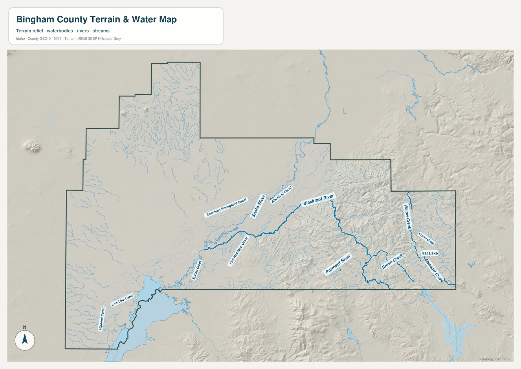 Bingham County terrain and water map showing Snake River, Blackfoot River, Portneuf River and canals