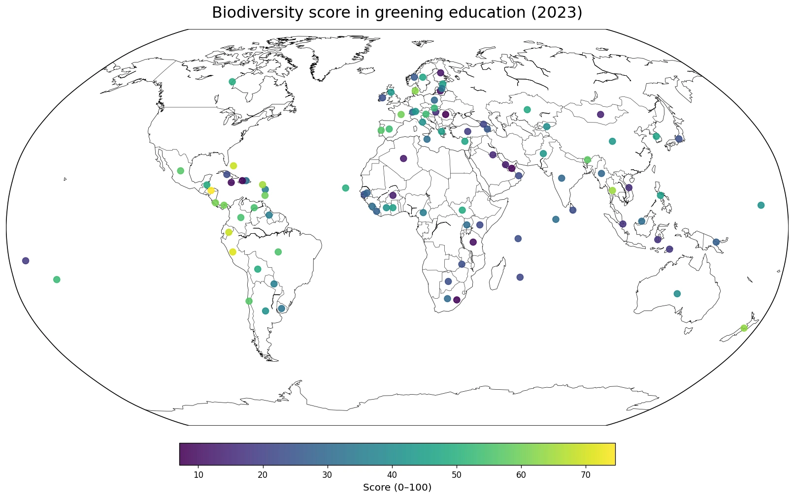 World map of country biodiversity scores in greening education for 2023