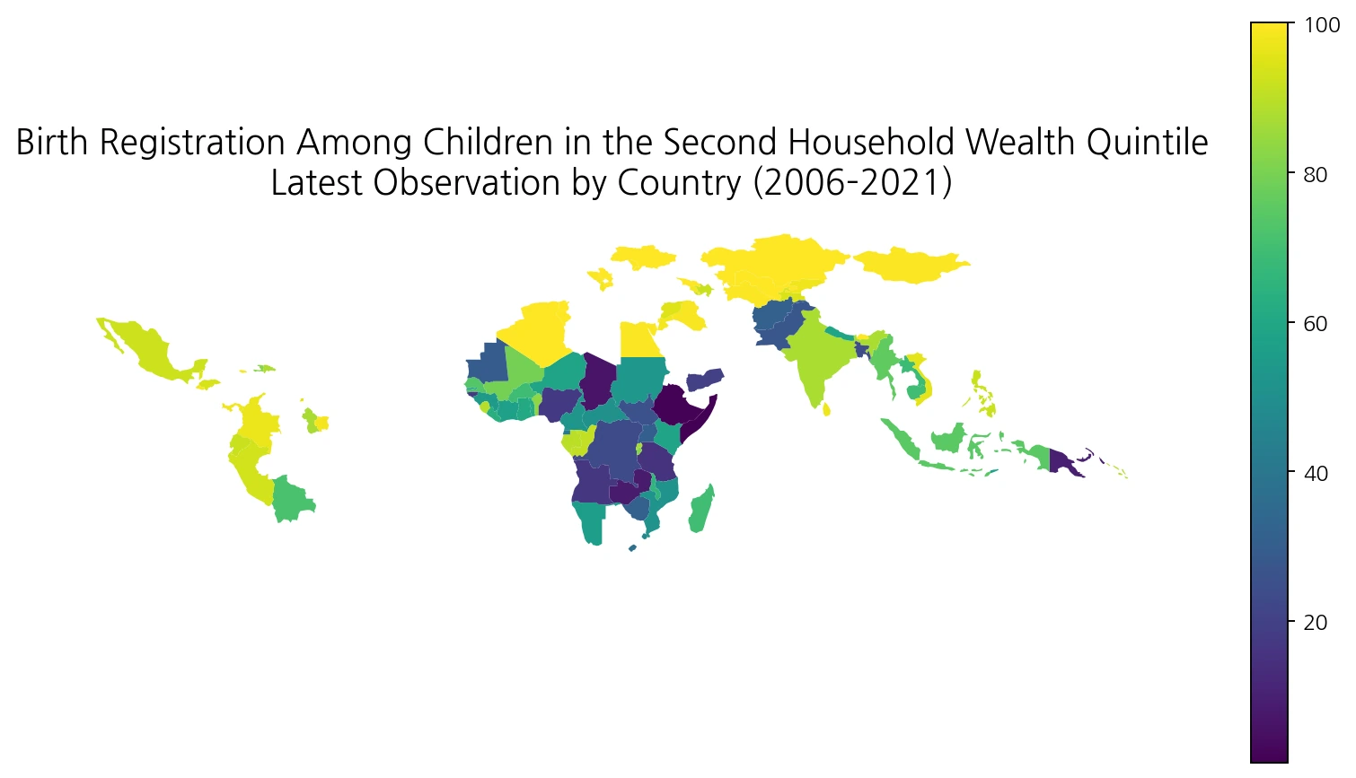 World map of birth registration among children in the second household wealth quintile