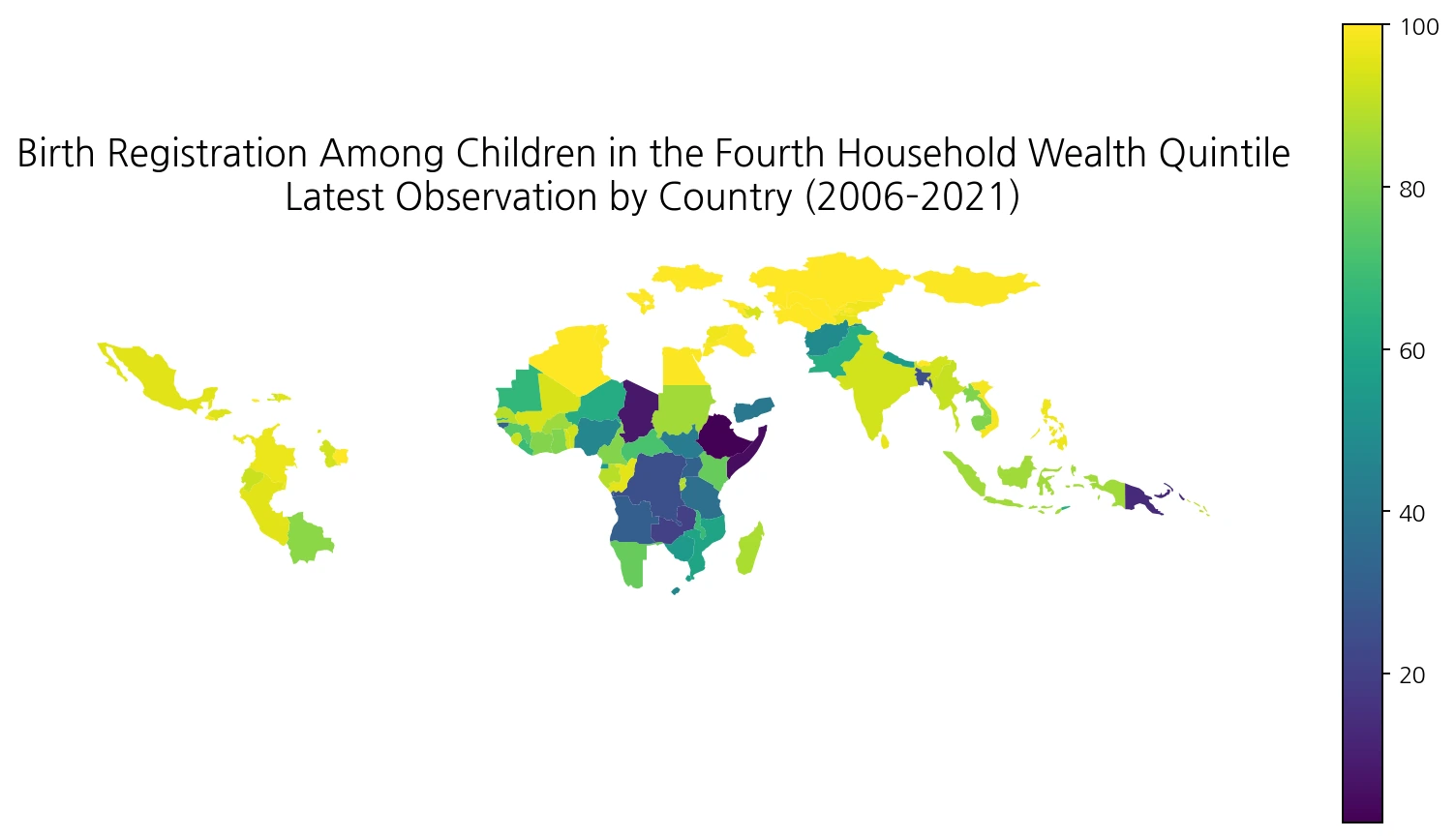 World map of birth registration among children in the fourth household wealth quintile